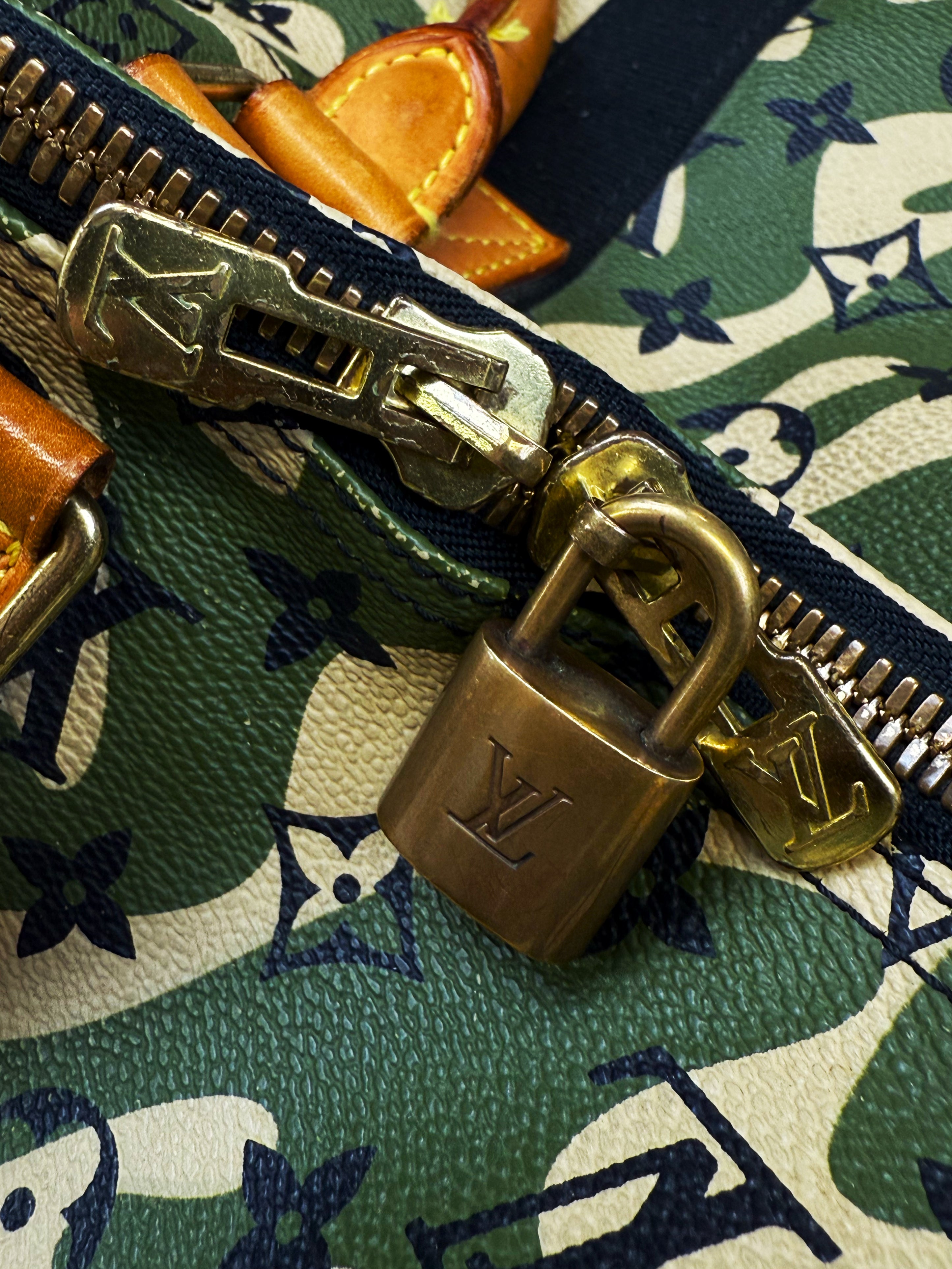 2007 Louis Vuitton x Takahashi Murakami Green Camo Keepall 55 Duffle Bag