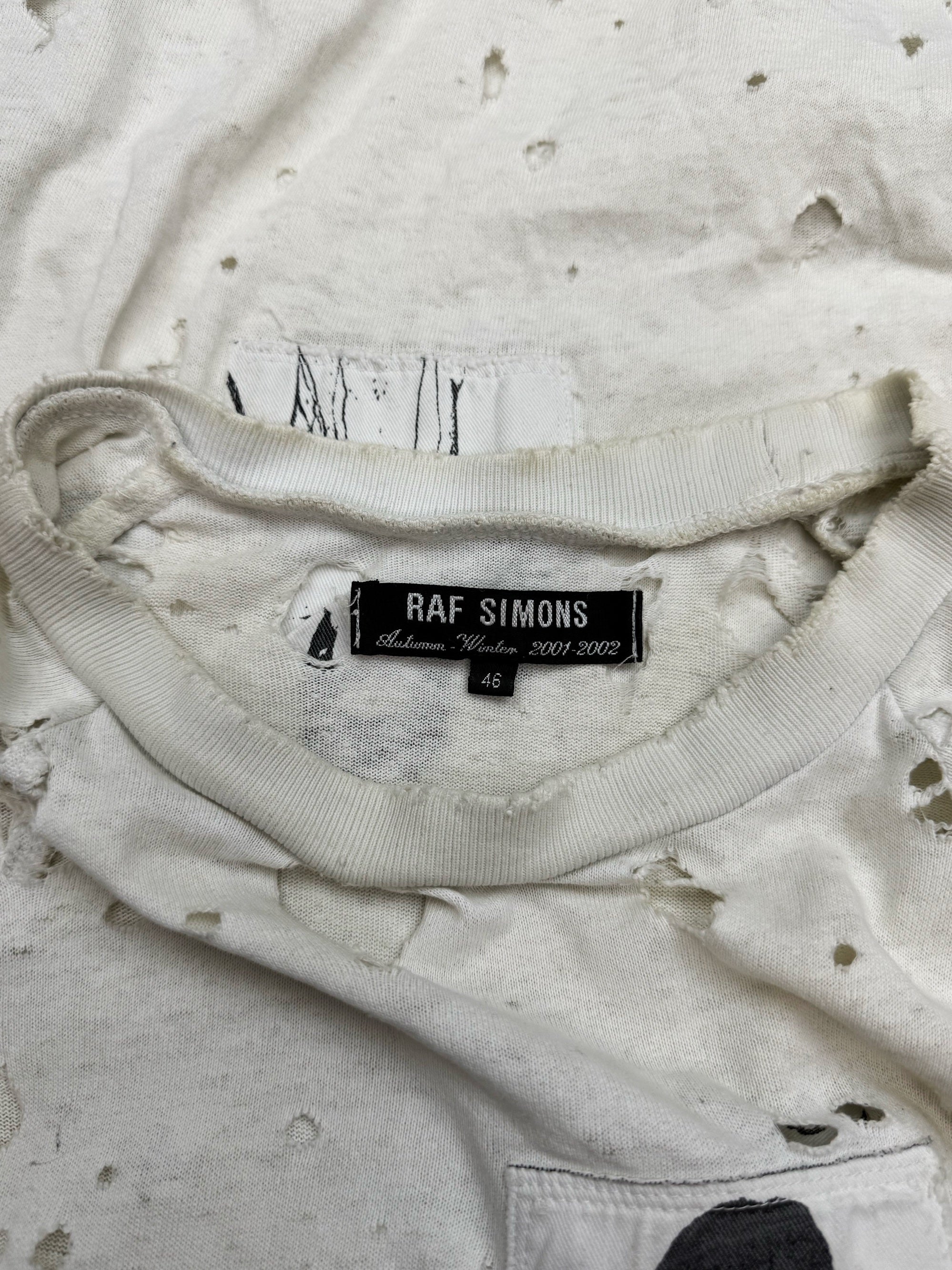 AW01 Raf Simons ‘Riot Riot Riot’ White Distressed Patchwork Crewneck