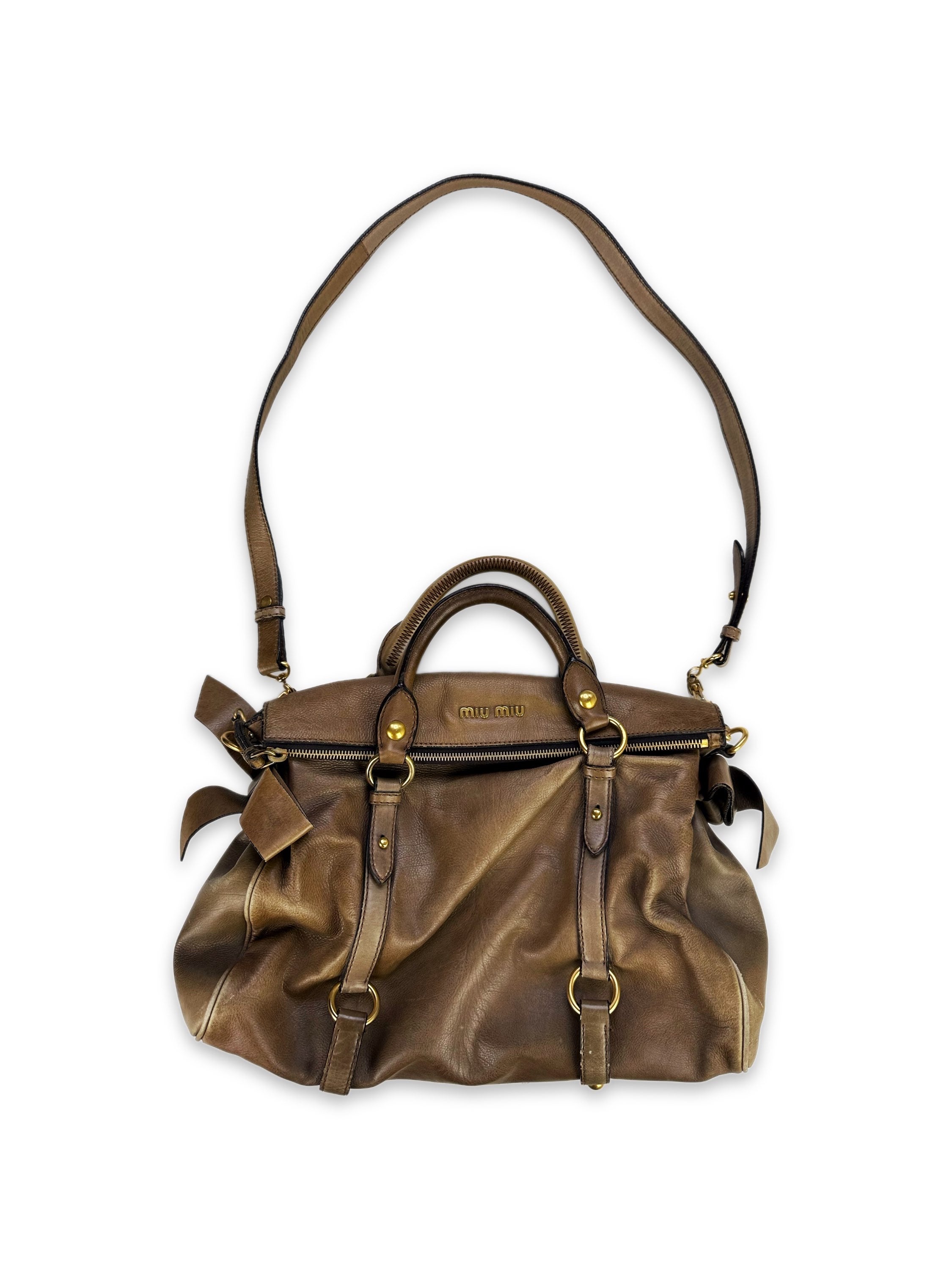 Miu Miu Caramel Brown Leather ‘Bow’ Motif Shoulder Bag