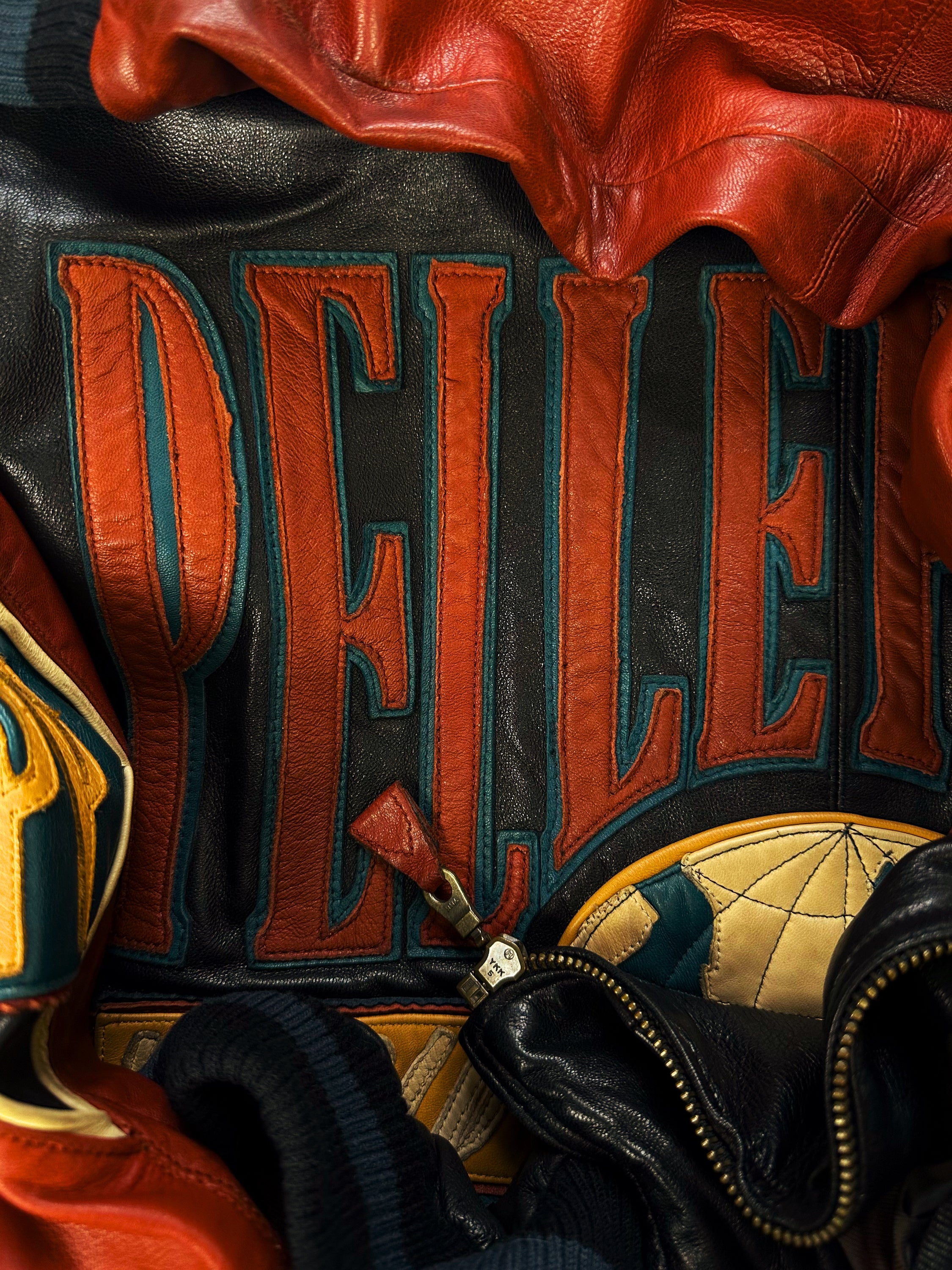 90S PELLE PELLE 'SODA CLUB' PATCHED GLOBE LEATHER JACKET