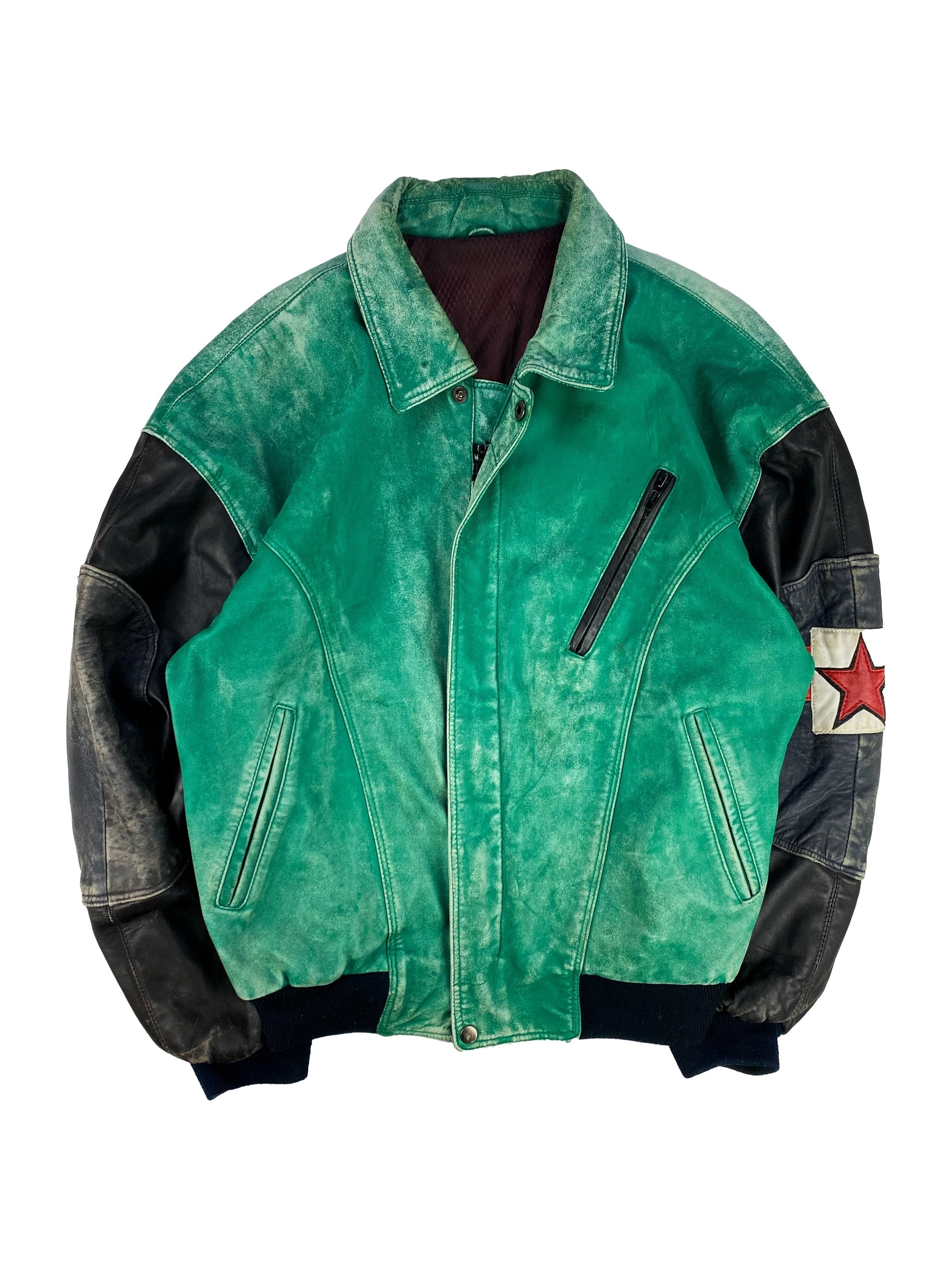 90S PELLE PELLE 'JACKSONS' WASHED TEAL PATCHED LEATHER JACKET