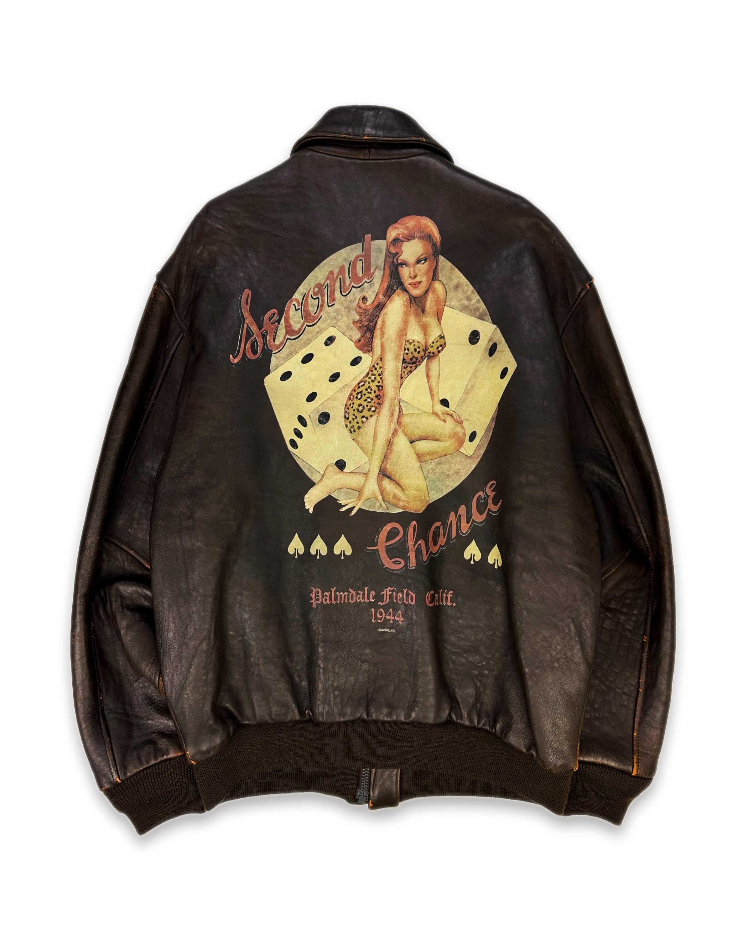 90s Avirex ‘Second Chance’ Pin-Up Girl Hand Painted Leather Bomber Jacket