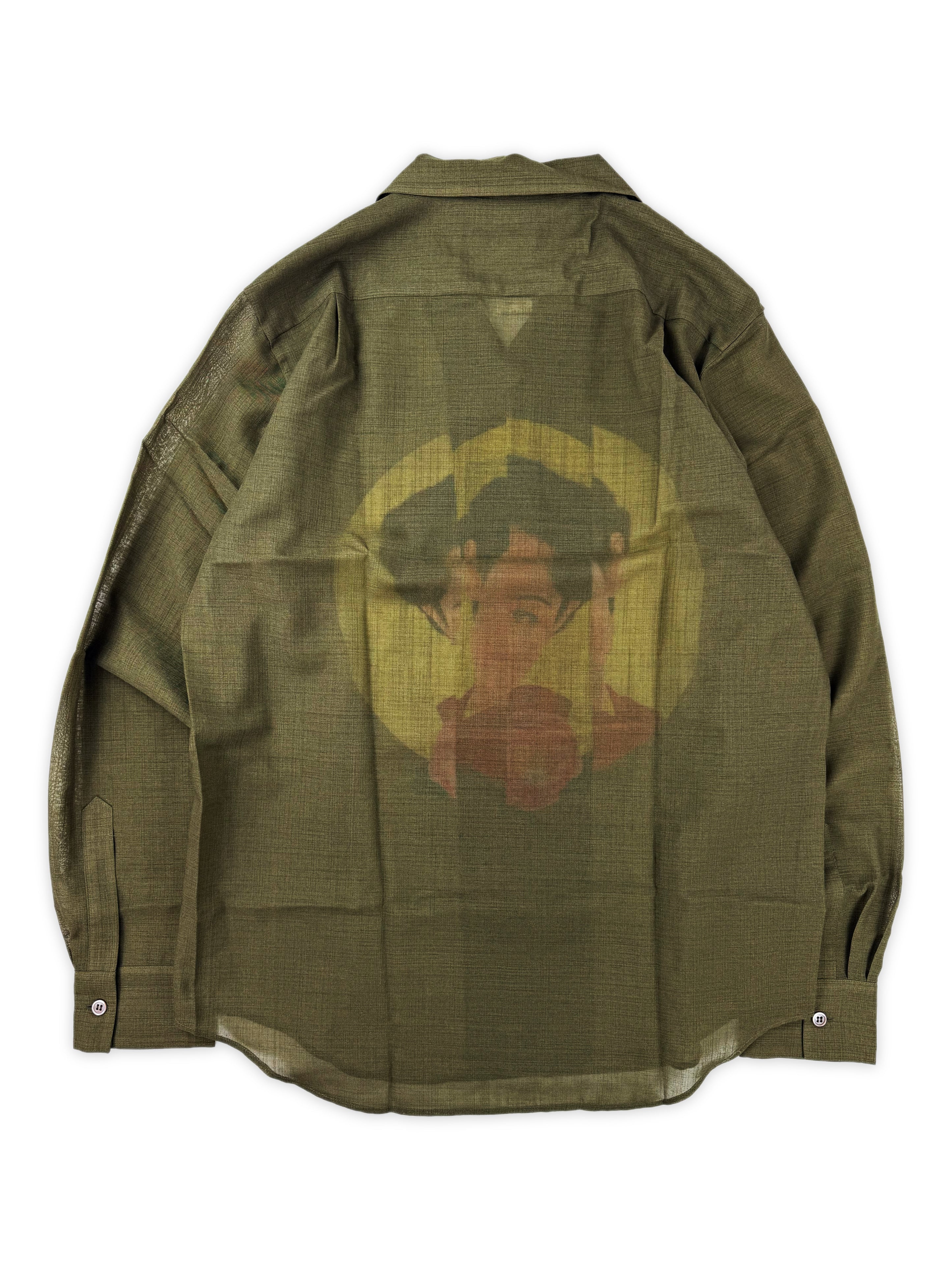 SS02 Yohji Yamamoto Saeko Tsuemura Pin Up Olive Green Portrait Button Up Shirt