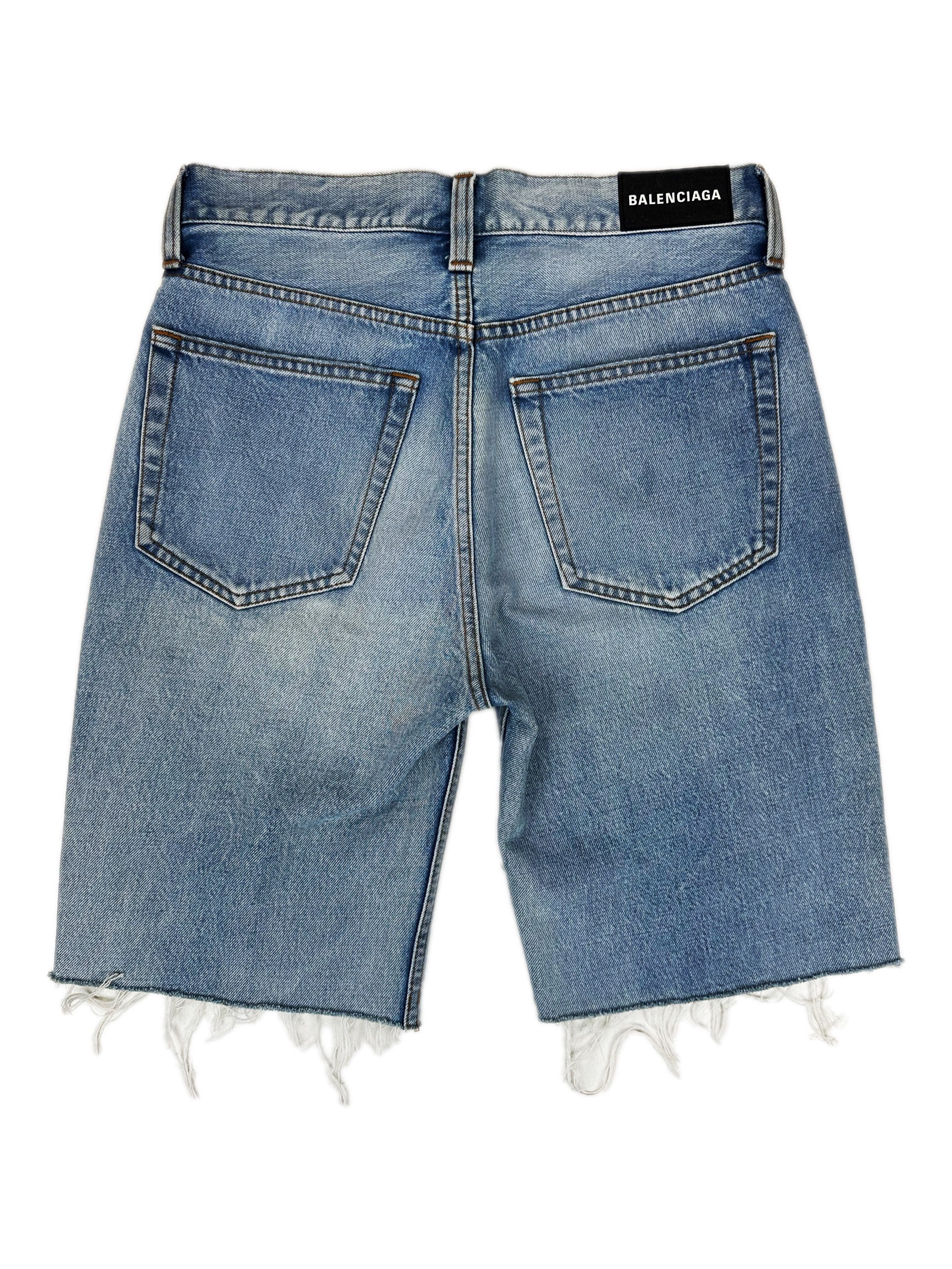 Balenciaga Light Wash Distressed Denim Shorts