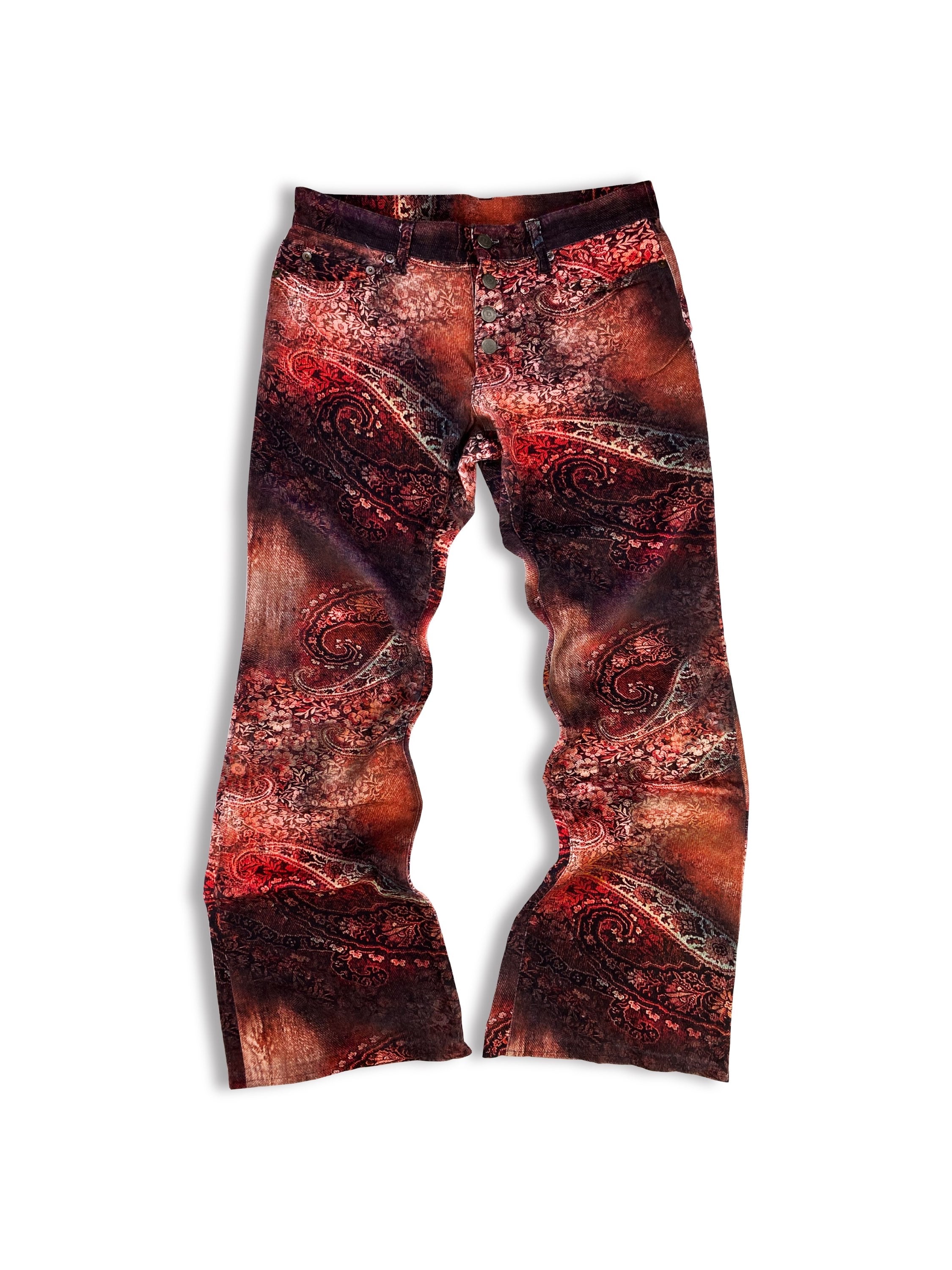 00s Tornado Mart ‘Paisley’ Print Blood Red Flared Denim