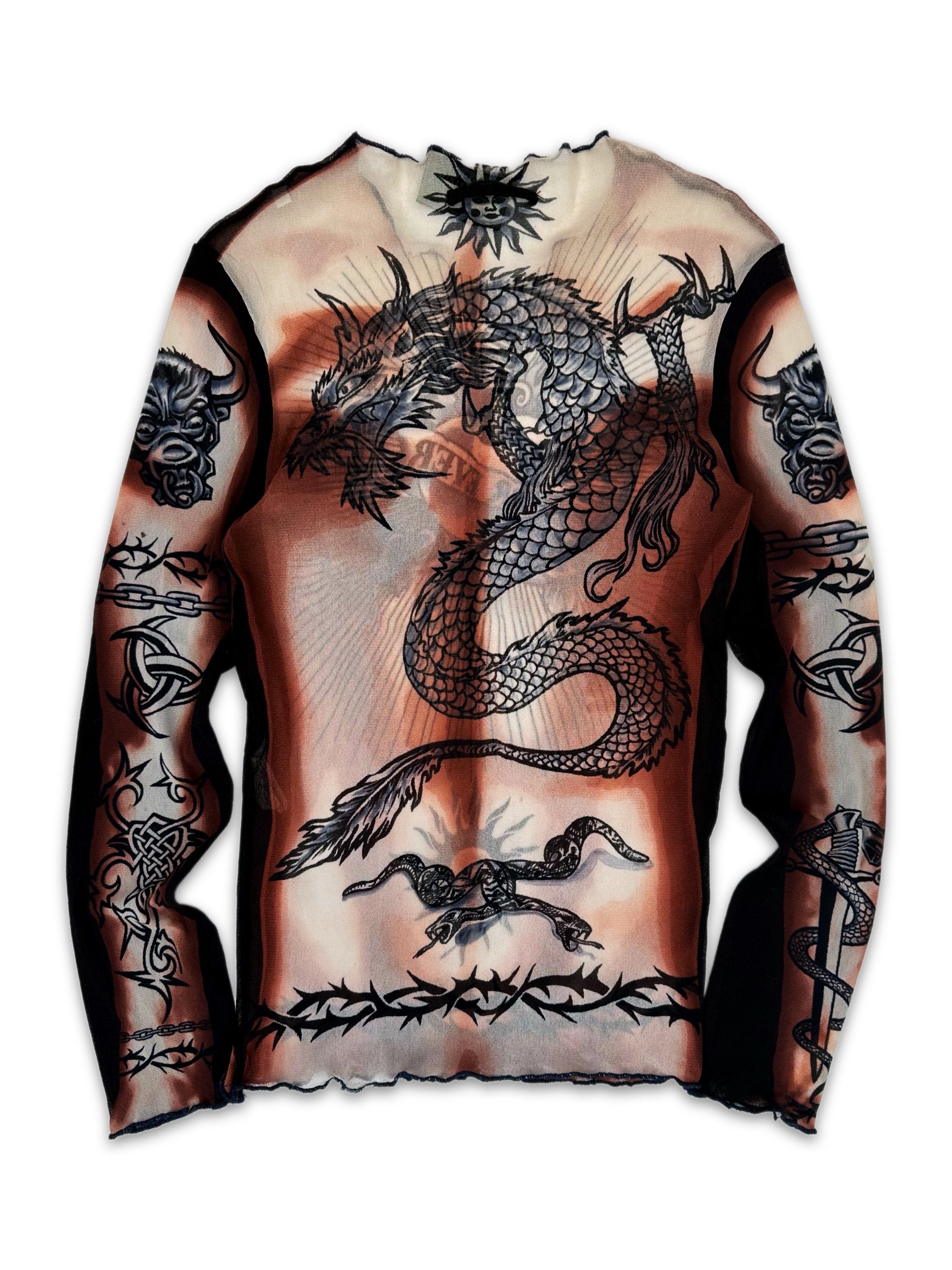 SS96 Jean Paul Gaultier ‘Safe Sex Forever’ Tattoo Mesh Long Sleeve