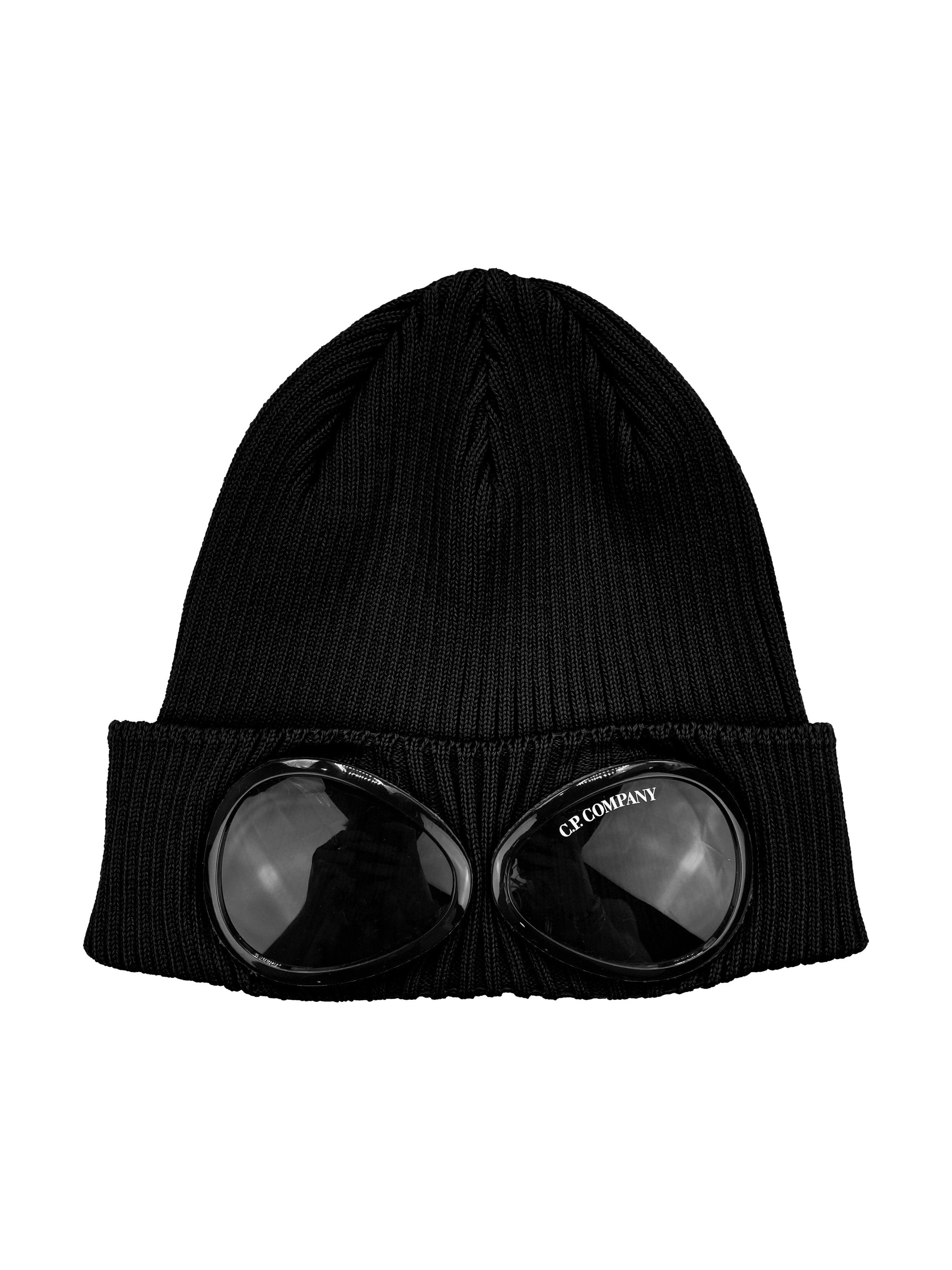 C.P. Company Black Merino Wool Knit Goggle Beanie
