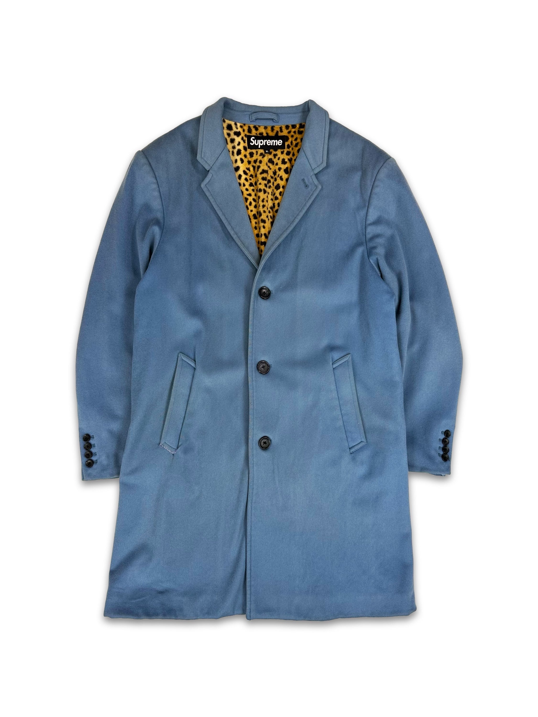 AW18 Supreme x Loro Piana Baby Blue Leopard Trench Coat