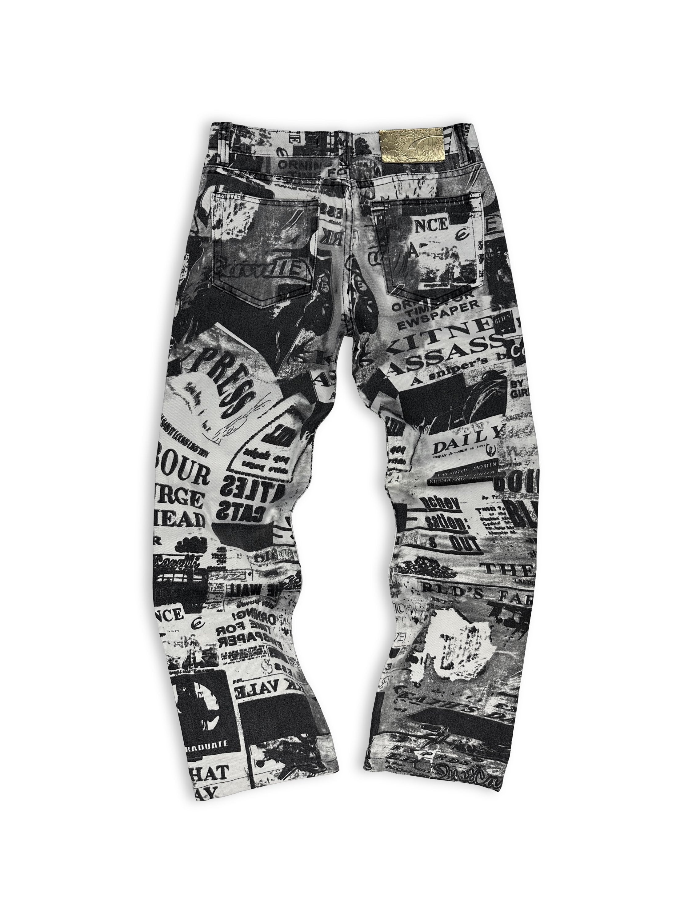 00s Roberto Cavalli ‘Newspaper’ Full Print Script Denim