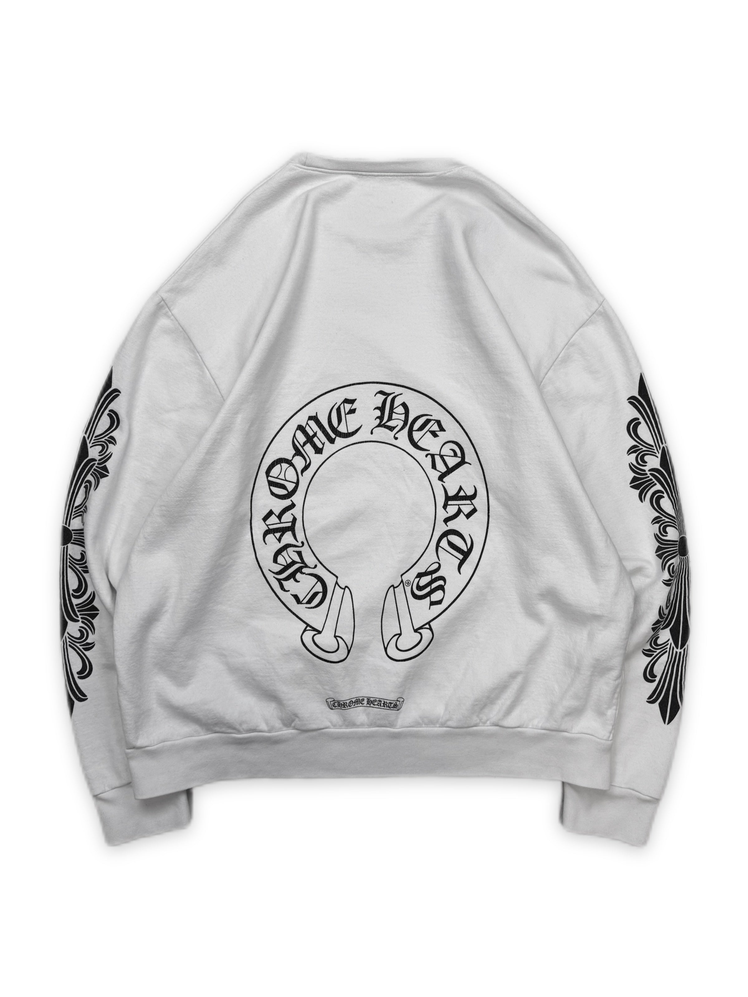 Chrome Hearts Horseshoe Cross Fleur Sleeve White Crewneck