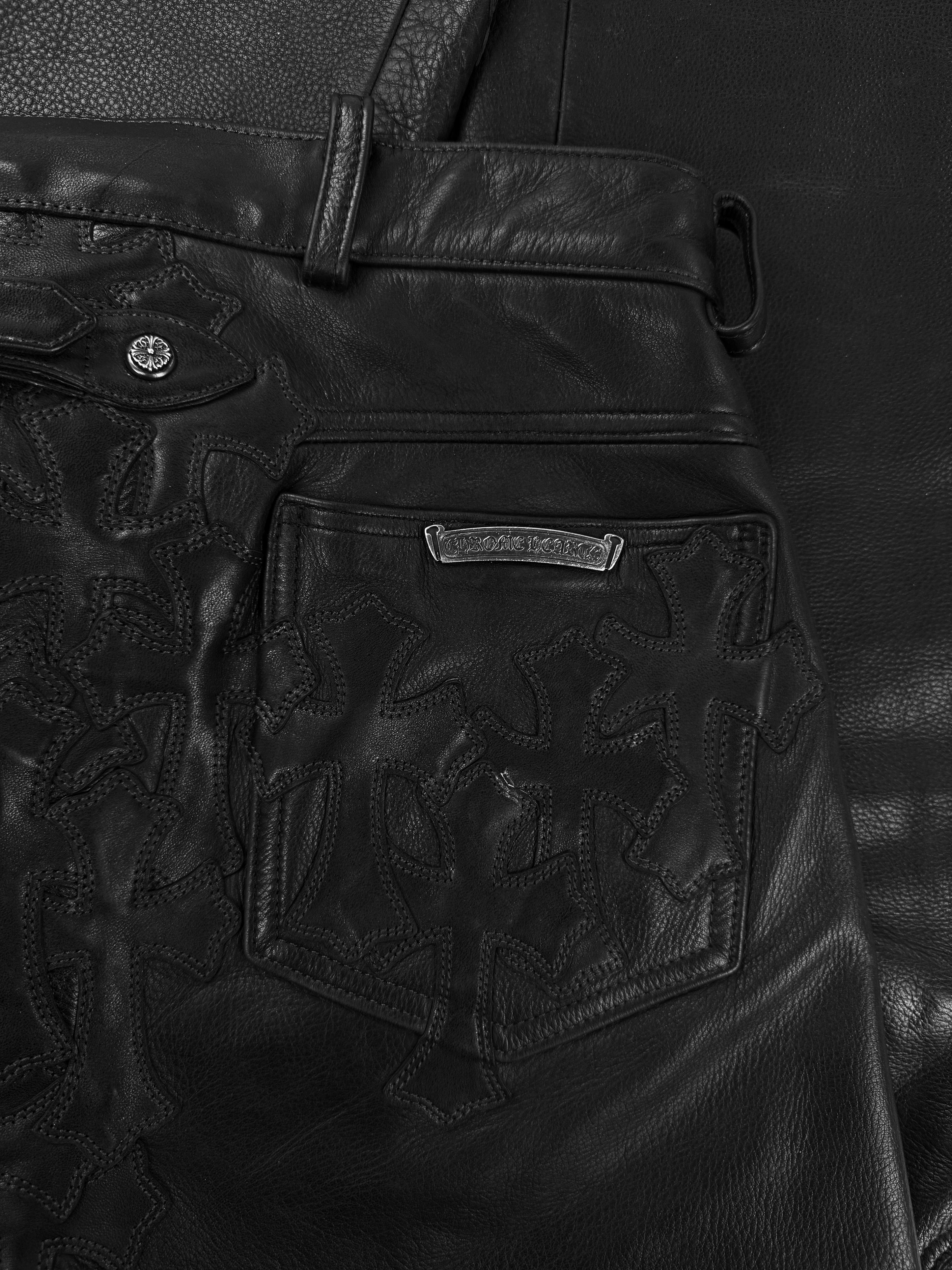 Chrome Hearts 30 Cross Patch Back Buckle Gunslinger Leather Fleur Knee Pants