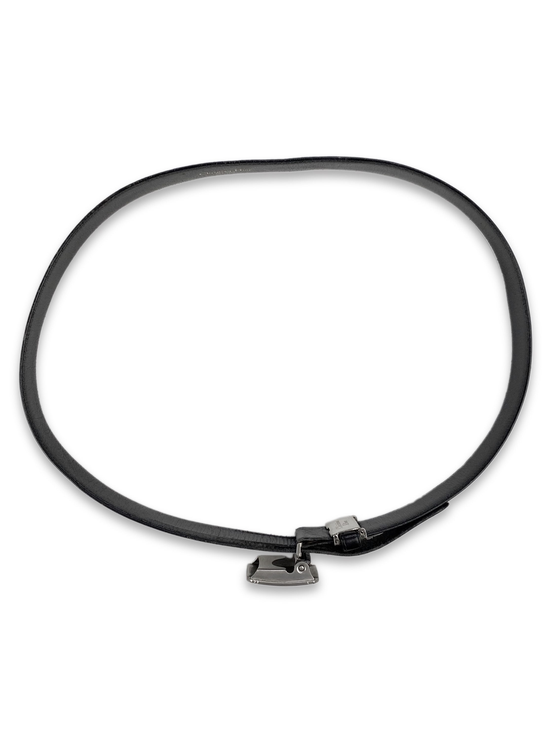 90s Dior Metallic Black Leather Squared Skinny Belt