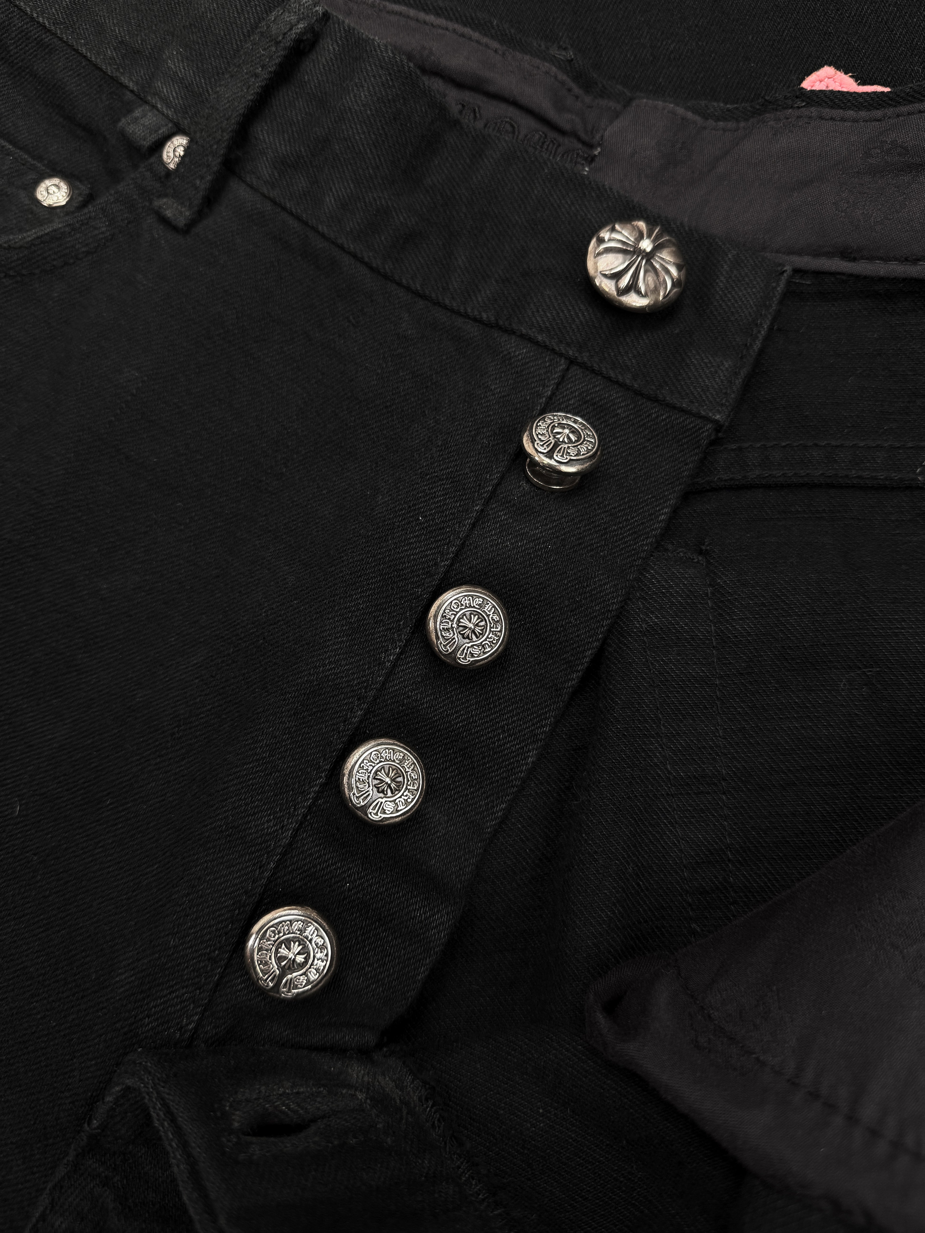 Chrome Hearts Checkered Pink Cross Patch Fleur Knee Denim