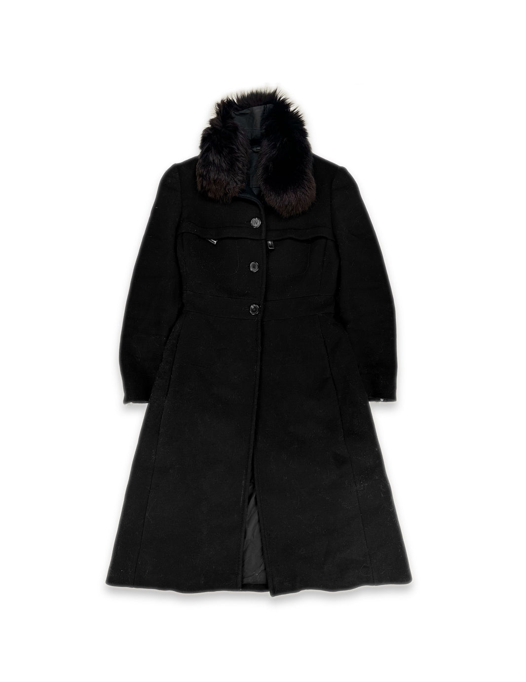Prada Wool Fur Collar Button Down Trench Coat