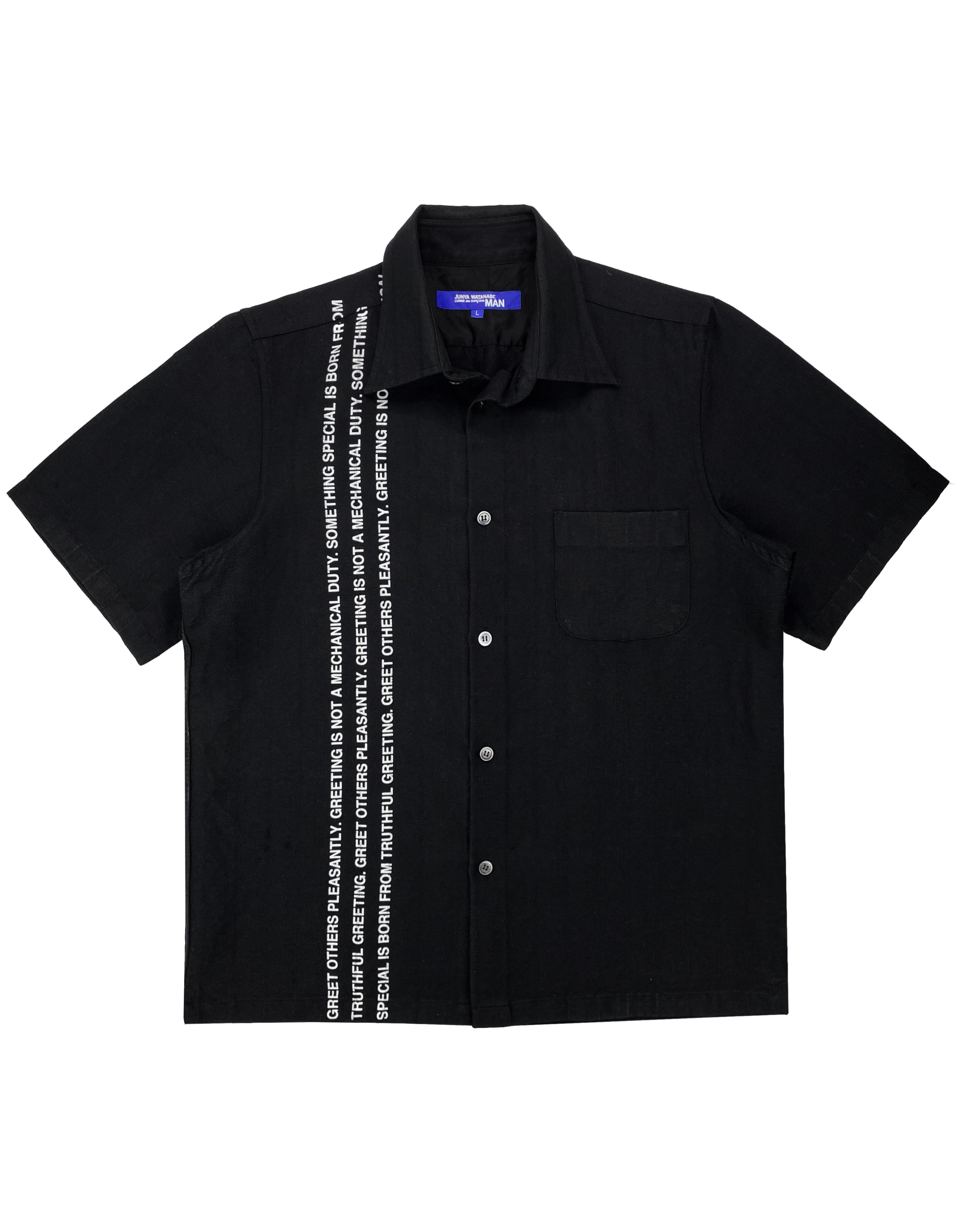 SS02 Junya Watanabe “Greet Others Pleasantly” Poem Button Up Shirt