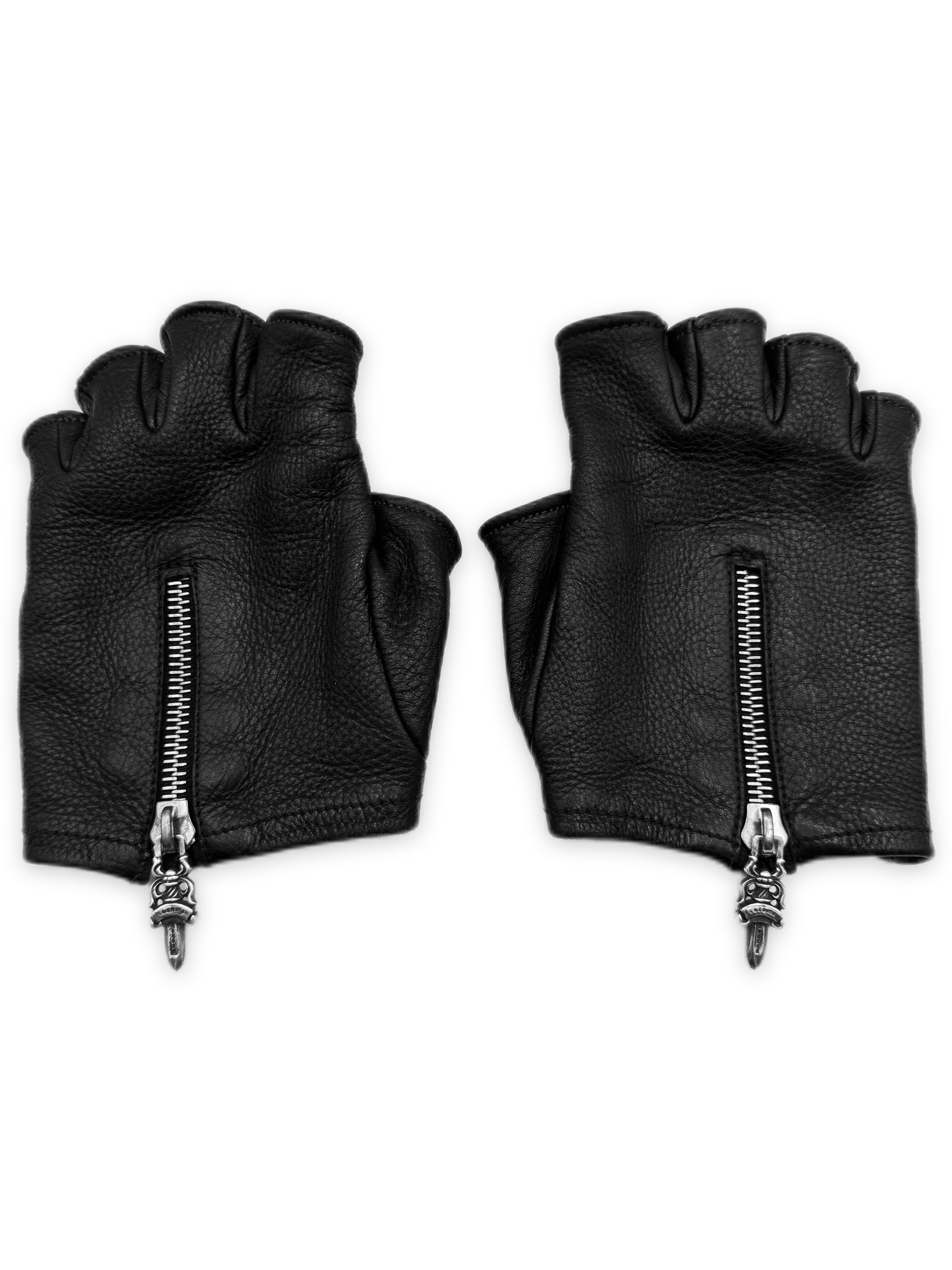 Chrome Hearts CH Patch Fingerless Dagger Zip Leather Gloves