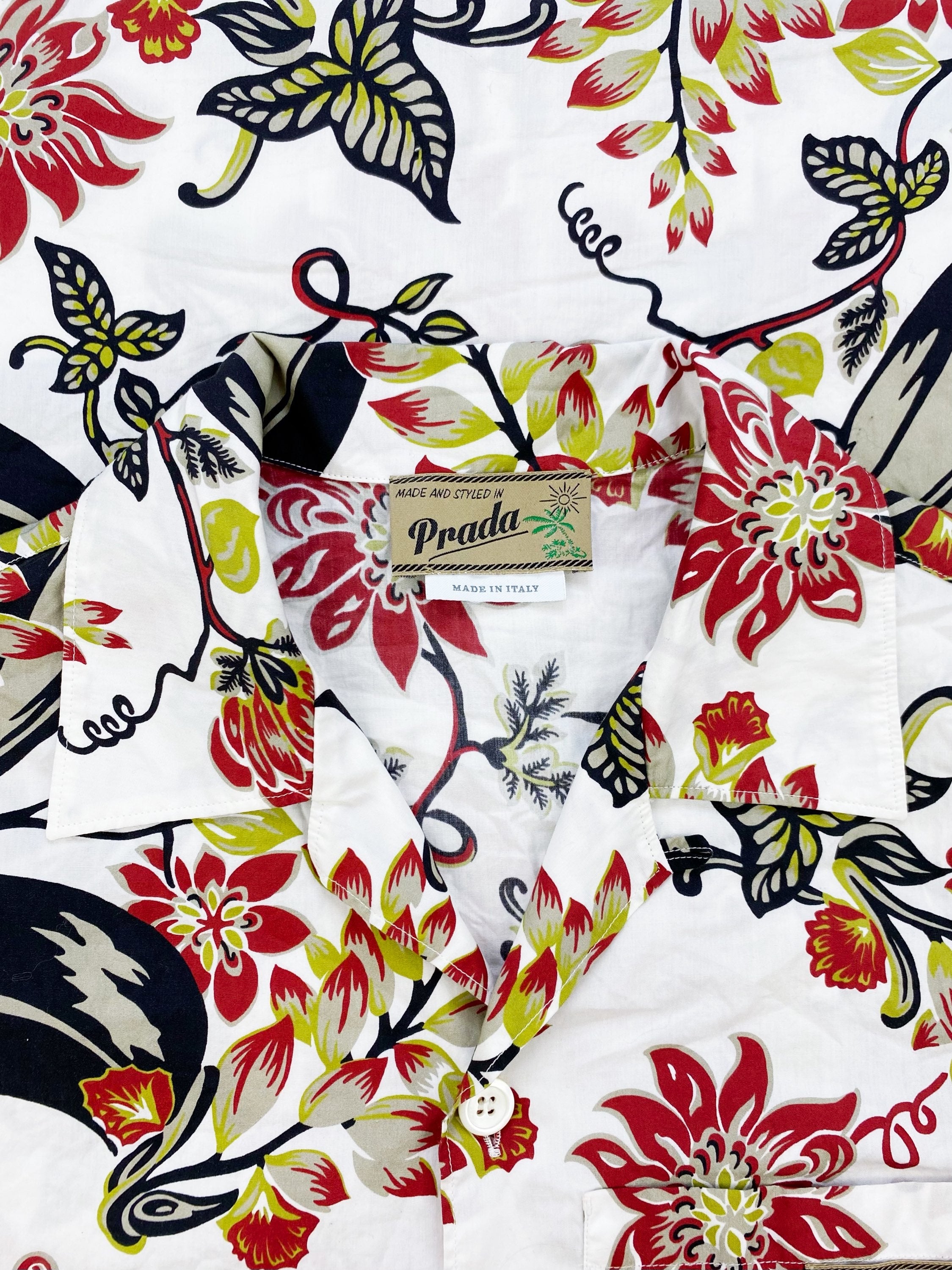 SS19 Prada Floral Poplin Graphic Camp Collar Button Up Shirt