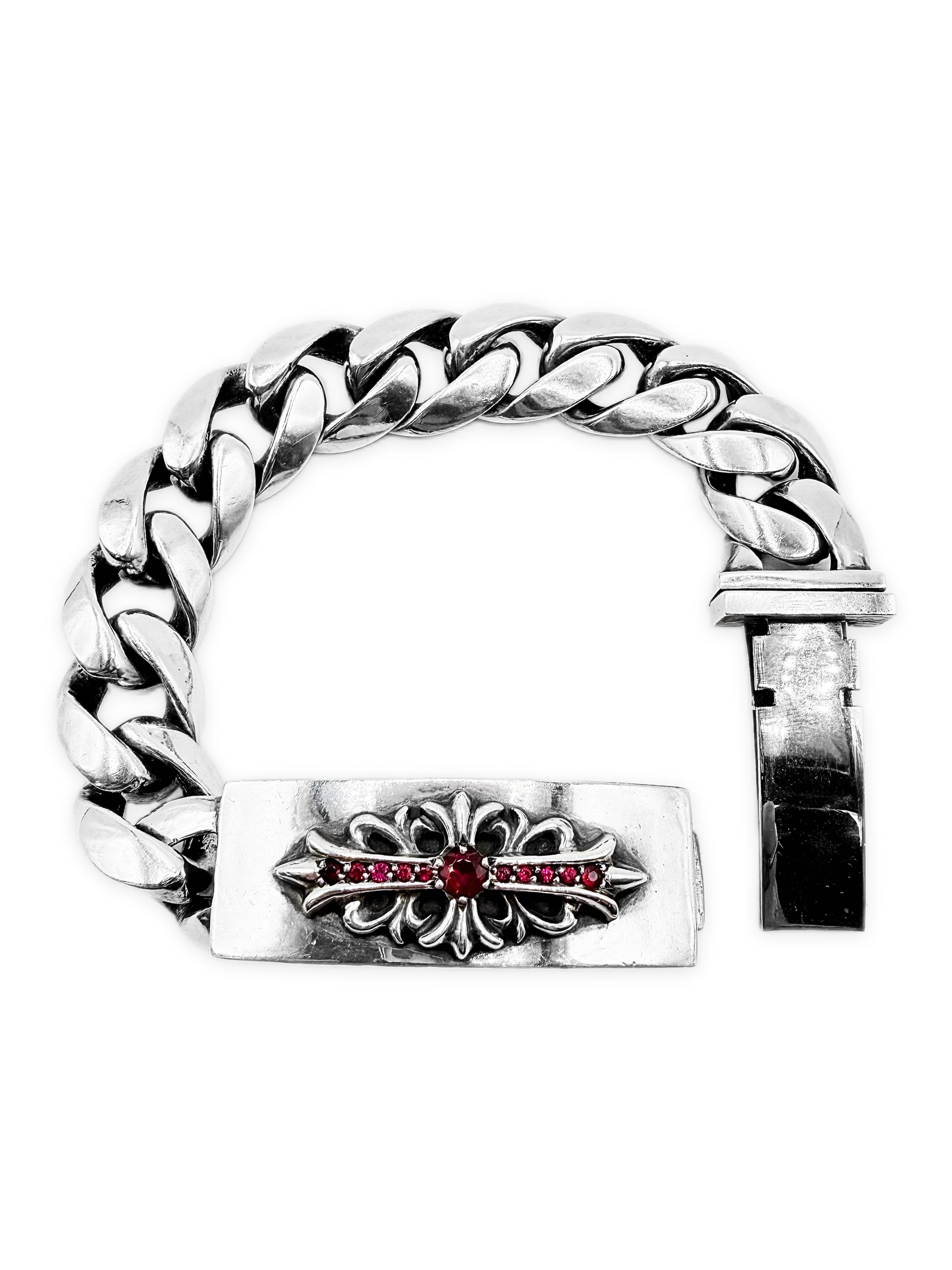 Chrome Hearts Ruby Pavé Factory Set Floral .925 Silver ID Bracelet