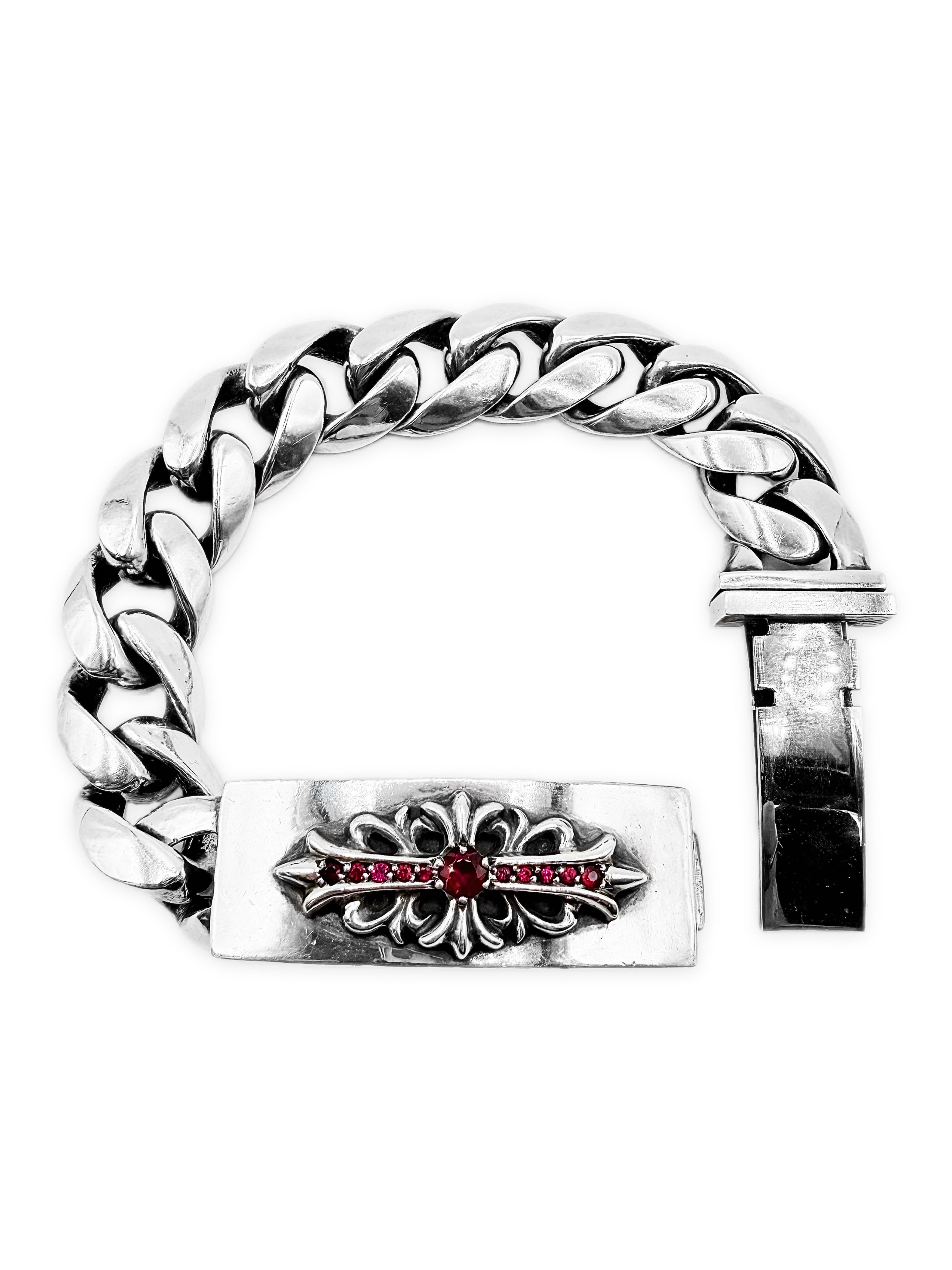 Chrome Hearts Ruby Pavé Factory Set Floral .925 Silver ID Bracelet