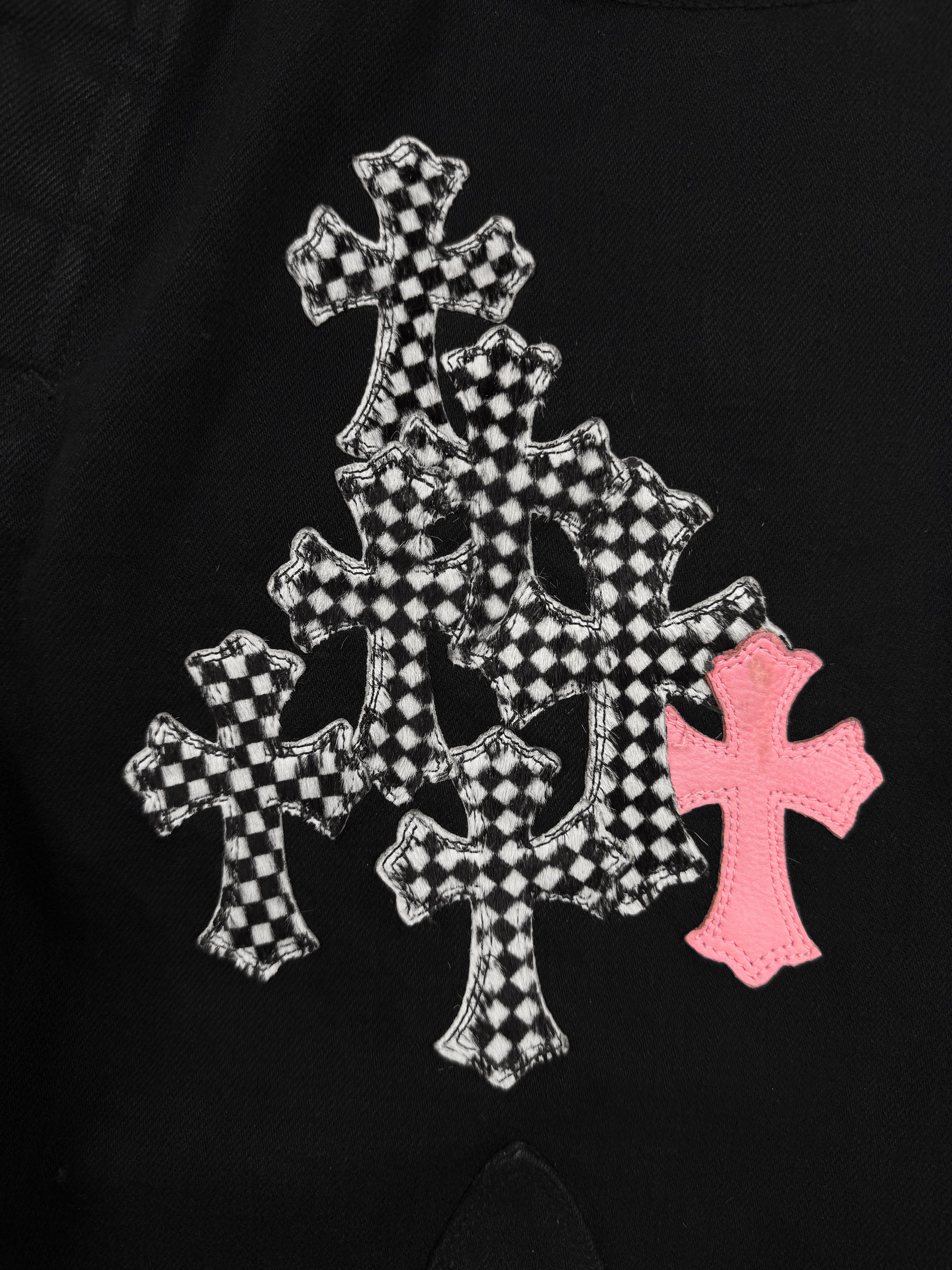 Chrome Hearts Checkered Pink Cross Patch Fleur Knee Denim