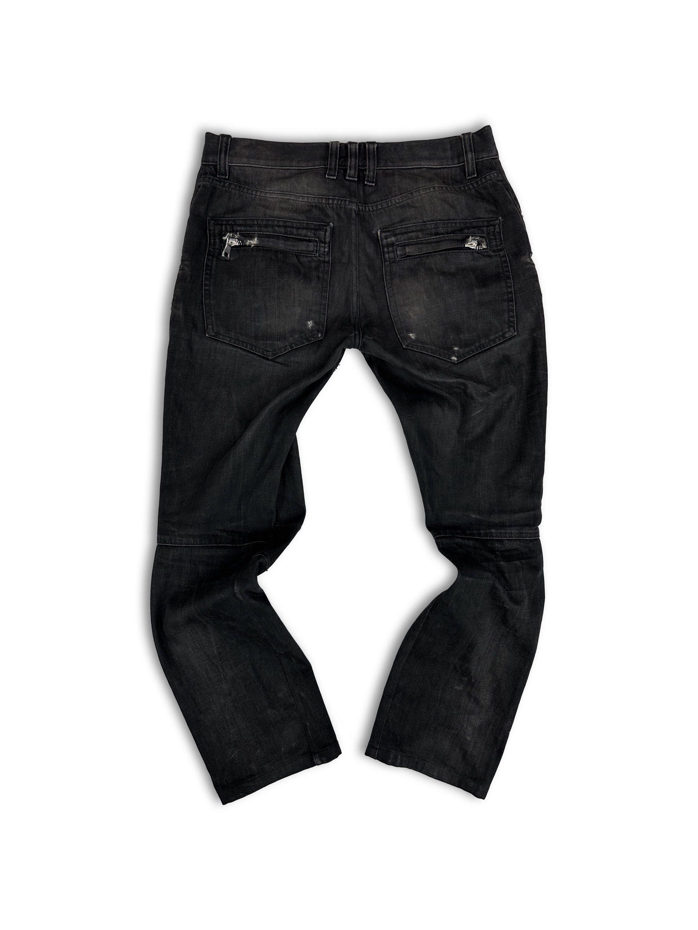 Balmain ‘Gun Holster’ Multi-zipper Black Washed Biker Denim