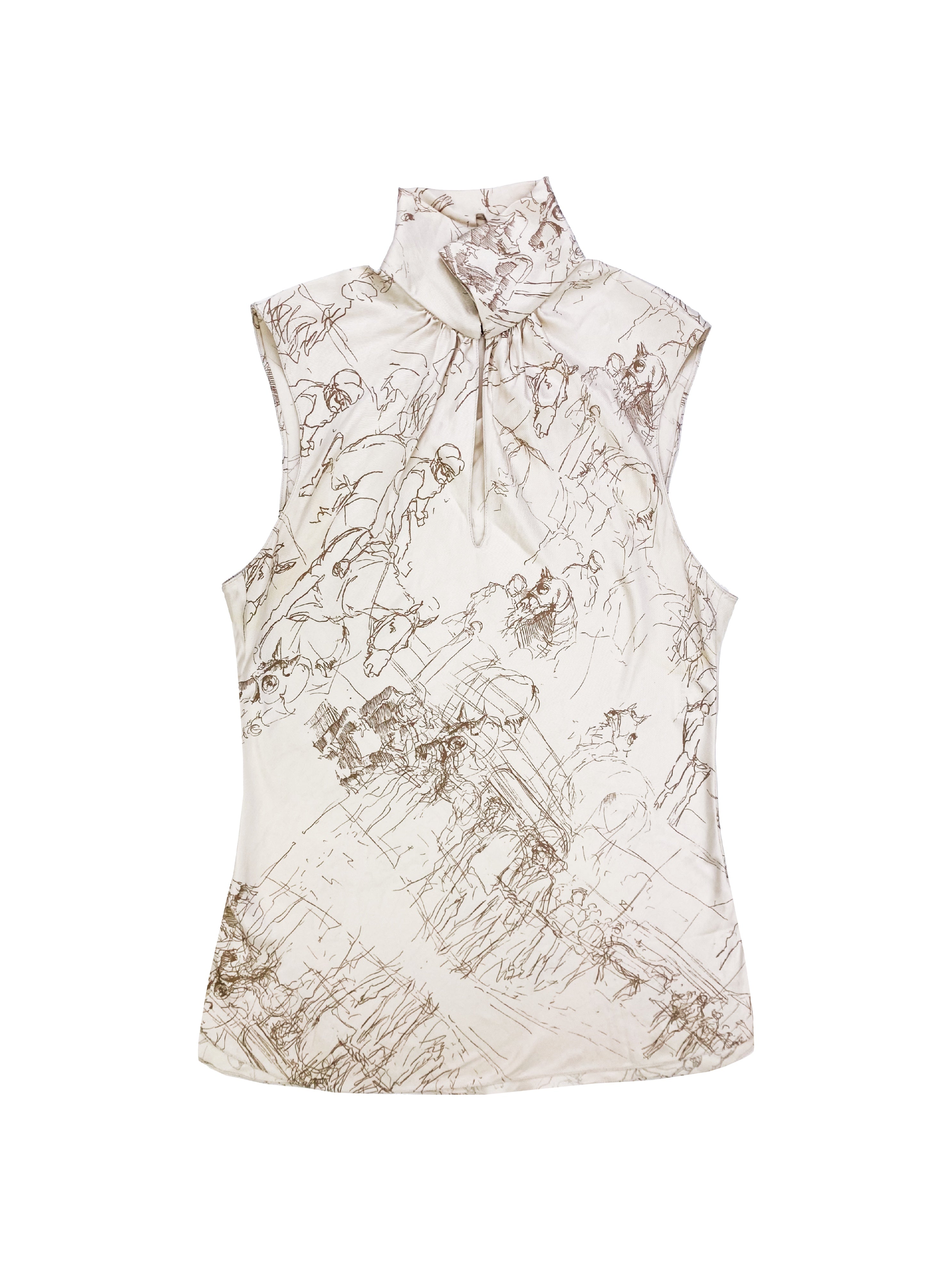 Hermès Silk Sleeveless Scribble Collared Top
