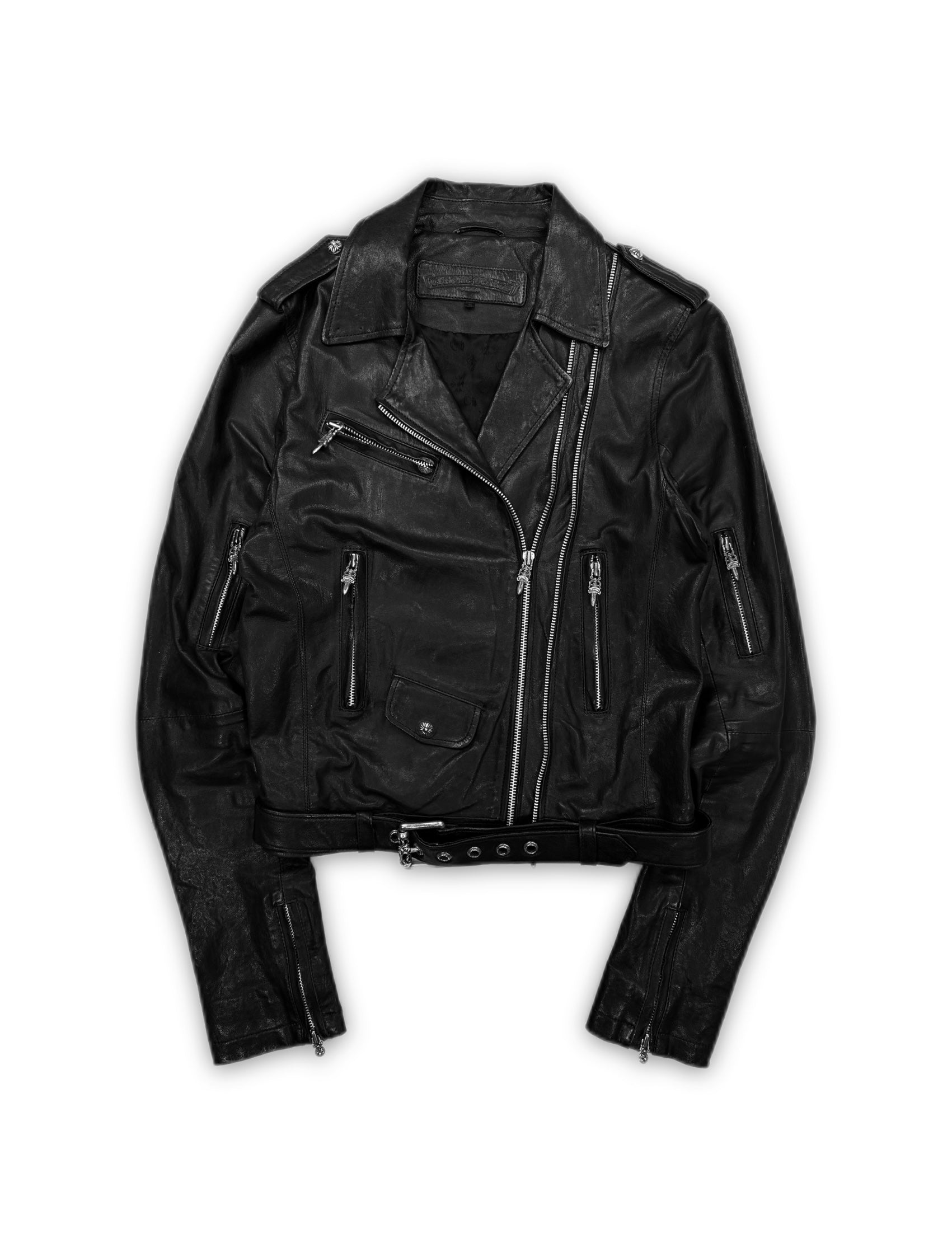 Chrome Hearts Perfecto Cropped Black Leather Roller Jacket