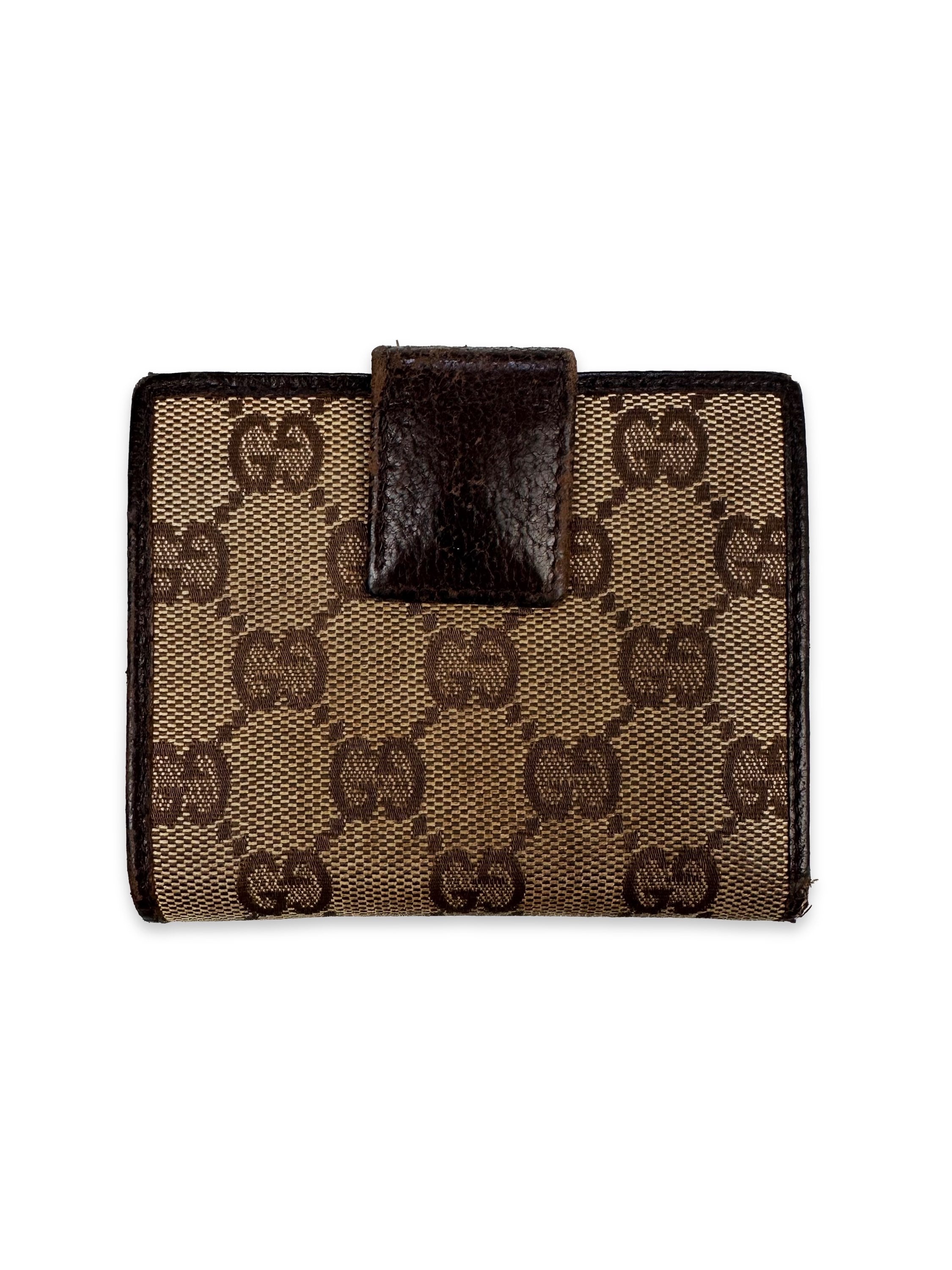 Gucci GG Monogram Tan Leather Metallic Logo Trifold Wallet