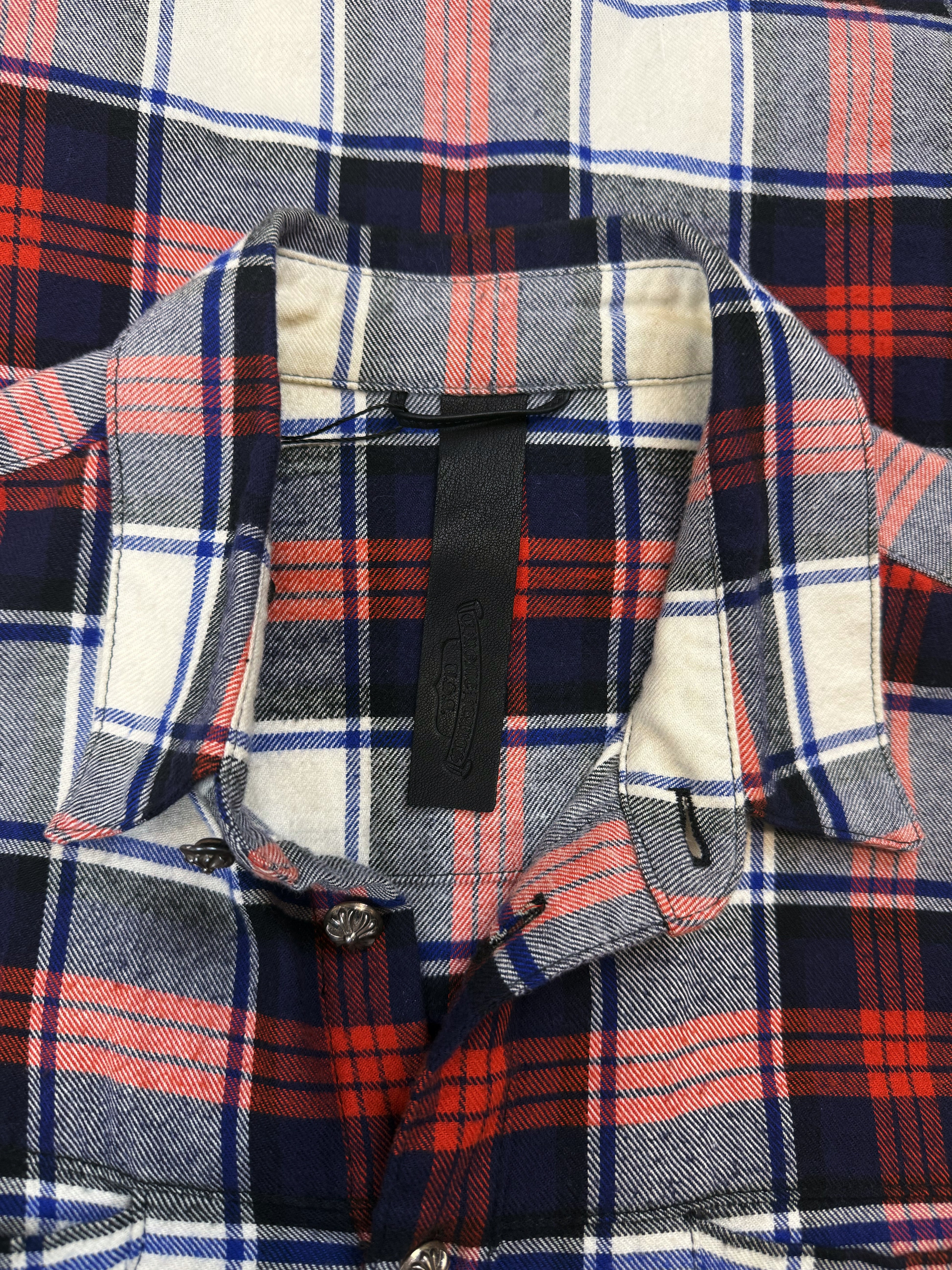 Chrome Hearts Dual Leather Cross Patch Red Checkered Flannel Shirt