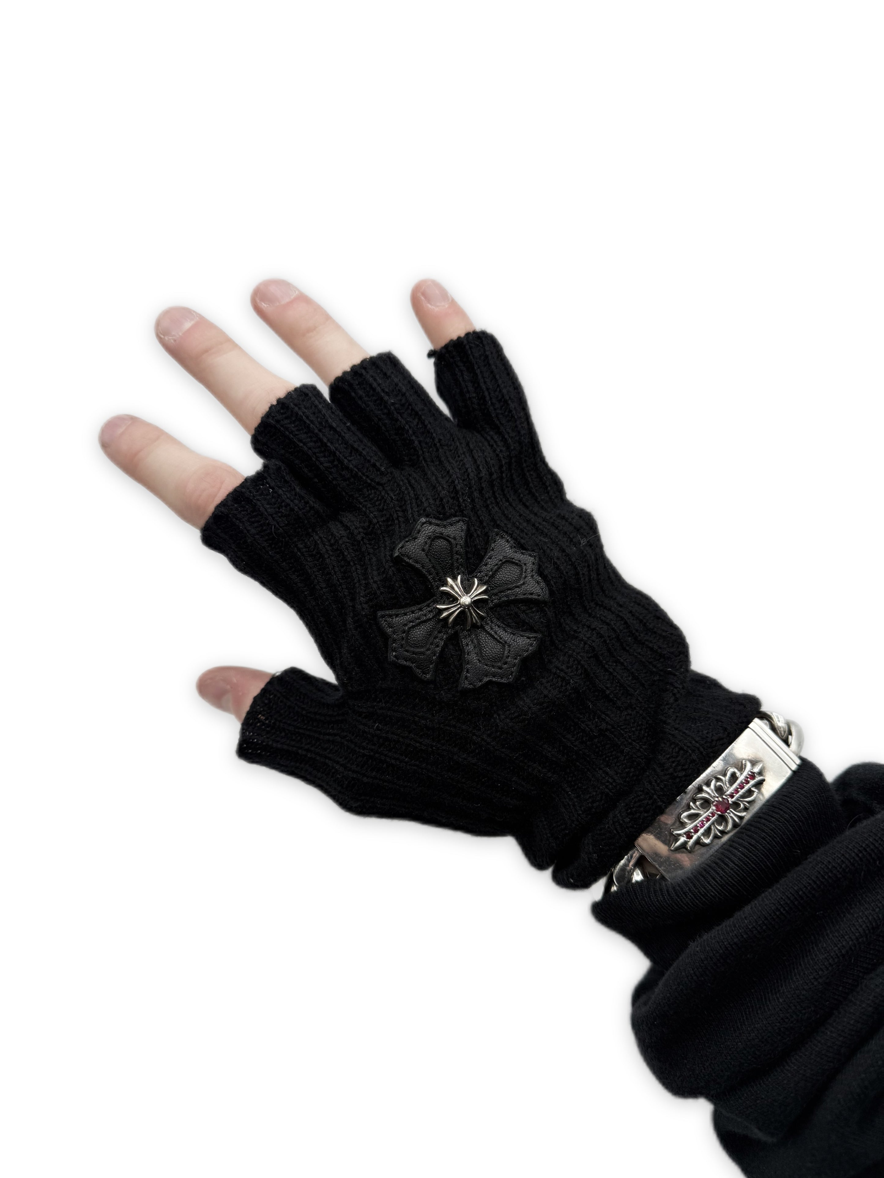 Chrome Hearts Leather Plus Patch Sticky Cashmere Fingerless Gloves