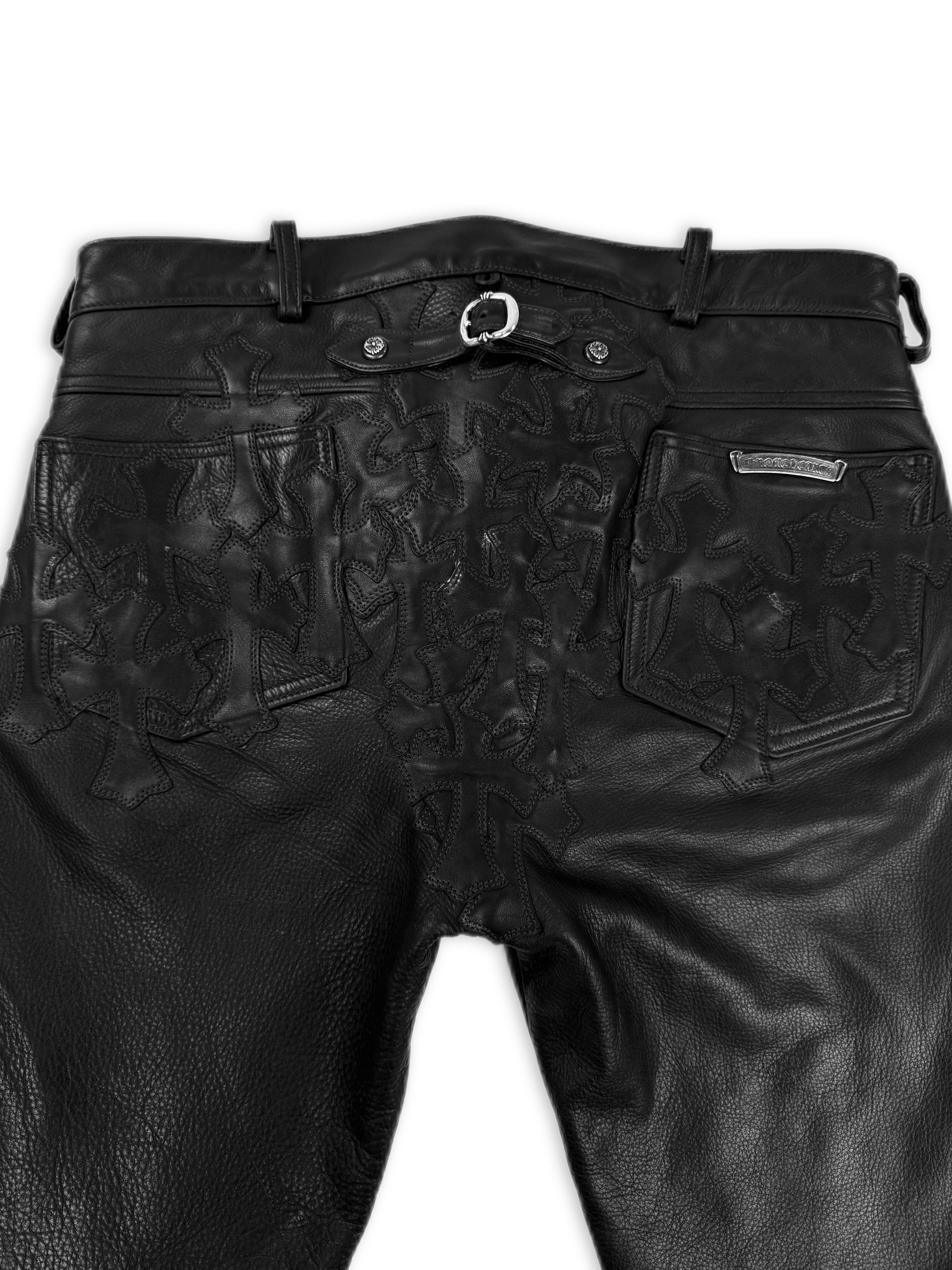 Chrome Hearts 30 Cross Patch Back Buckle Gunslinger Leather Fleur Knee Pants