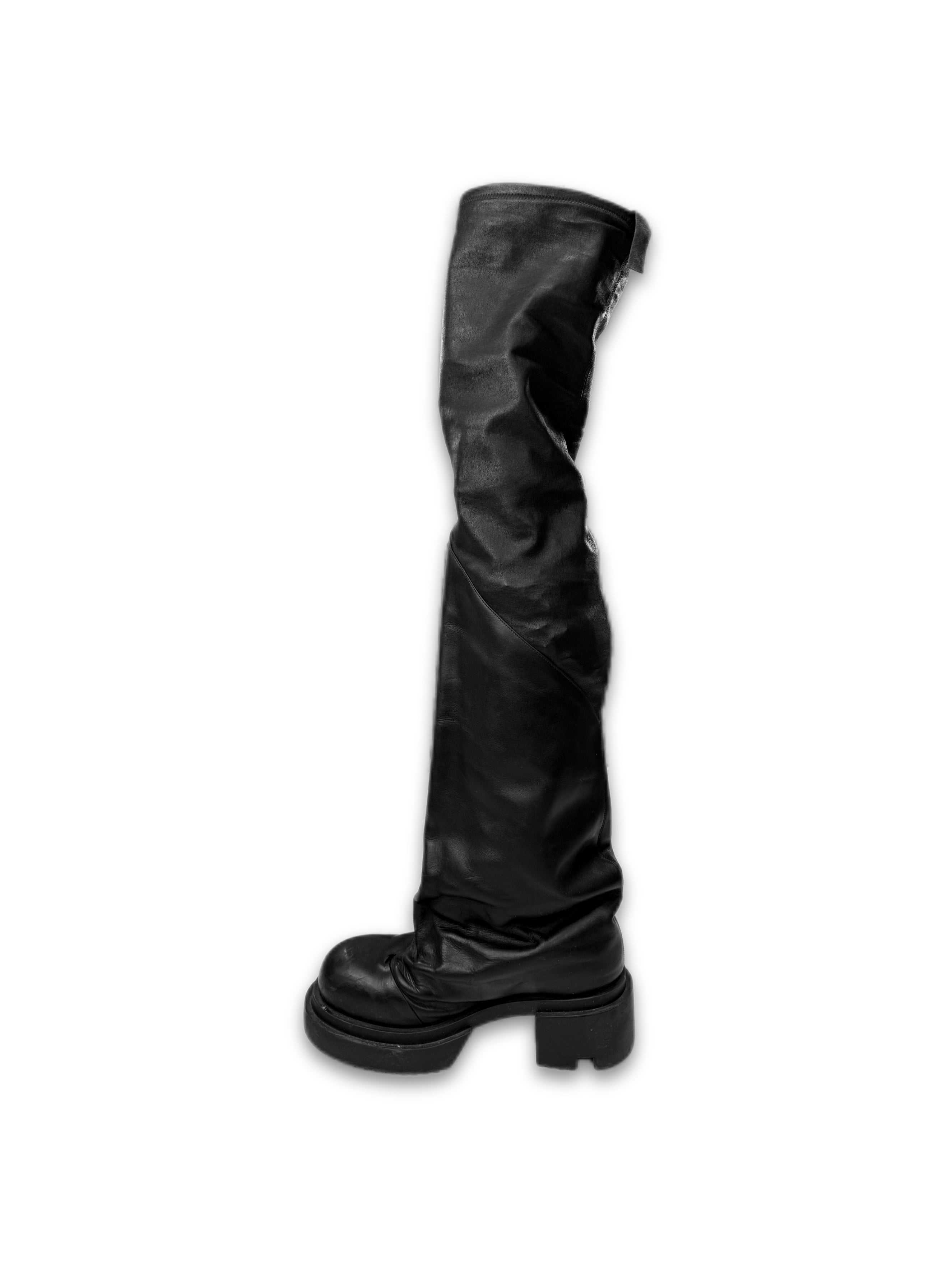 AW23 Rick Owens ‘Bogun’ Thigh High Black Leather Boots