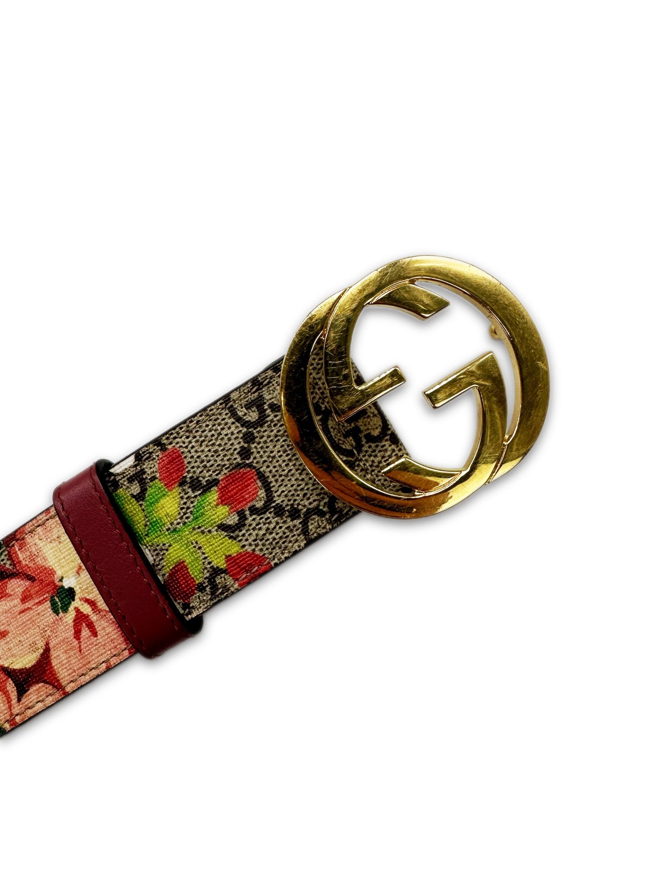 Gucci Floral Monogram Gold ‘GG’ Buckle Leather Belt