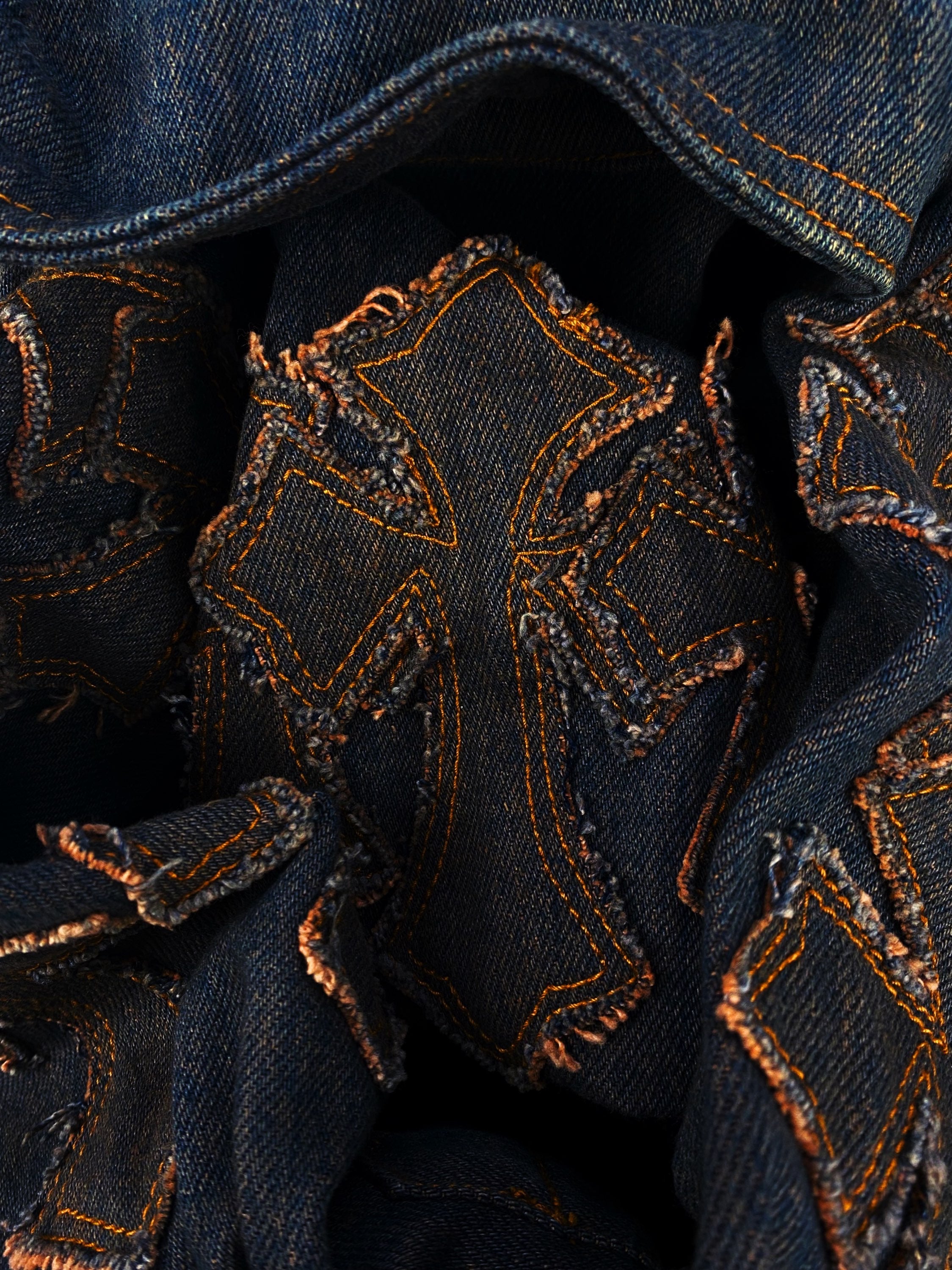 90s A&amp;G Rock ‘n Roll Couture ‘20 Cross’ Patched Denim Work Jacket