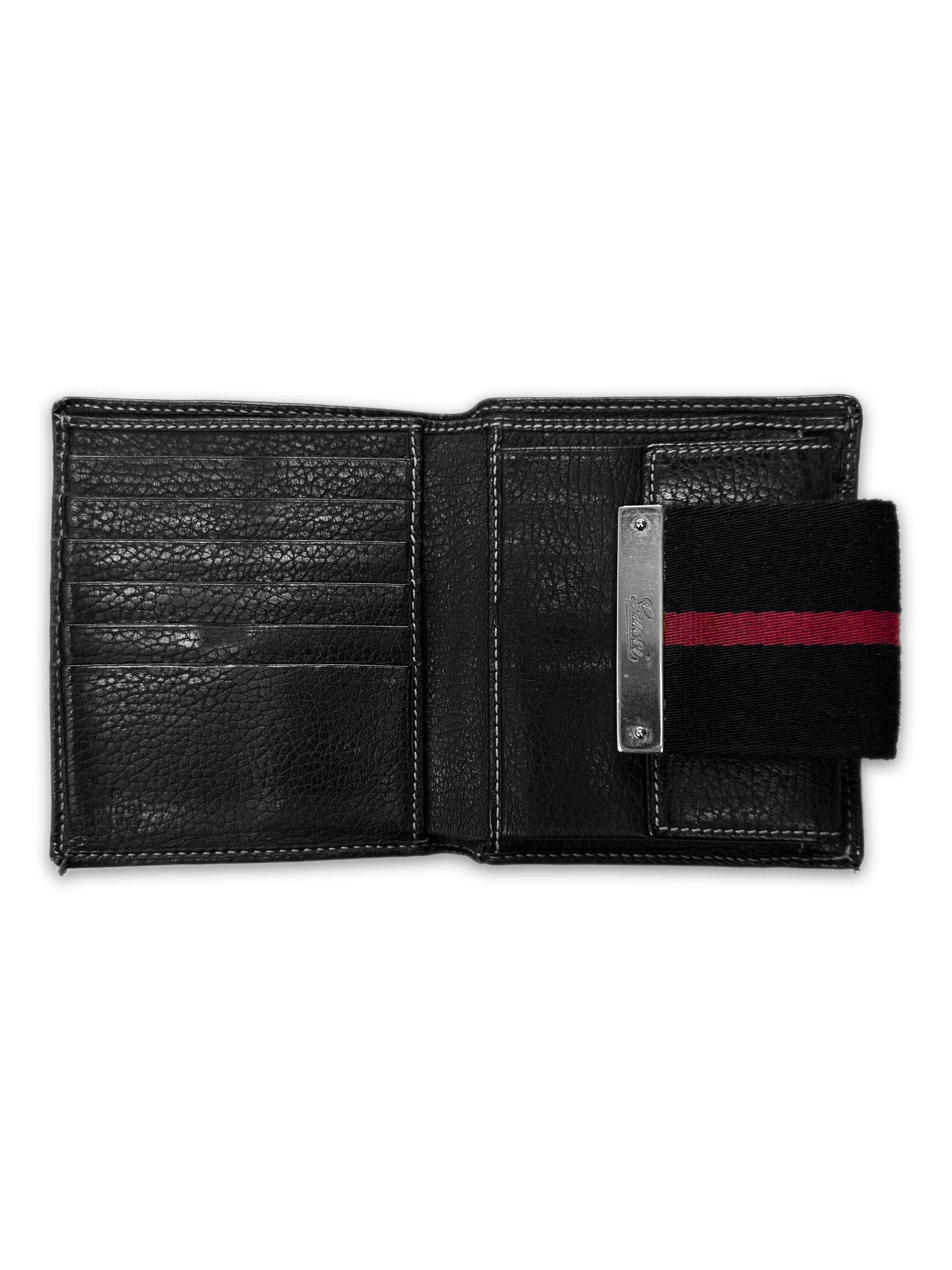 00s Gucci ‘Triple Stripe’ Cursive Logo Black Leather Bifold Wallet