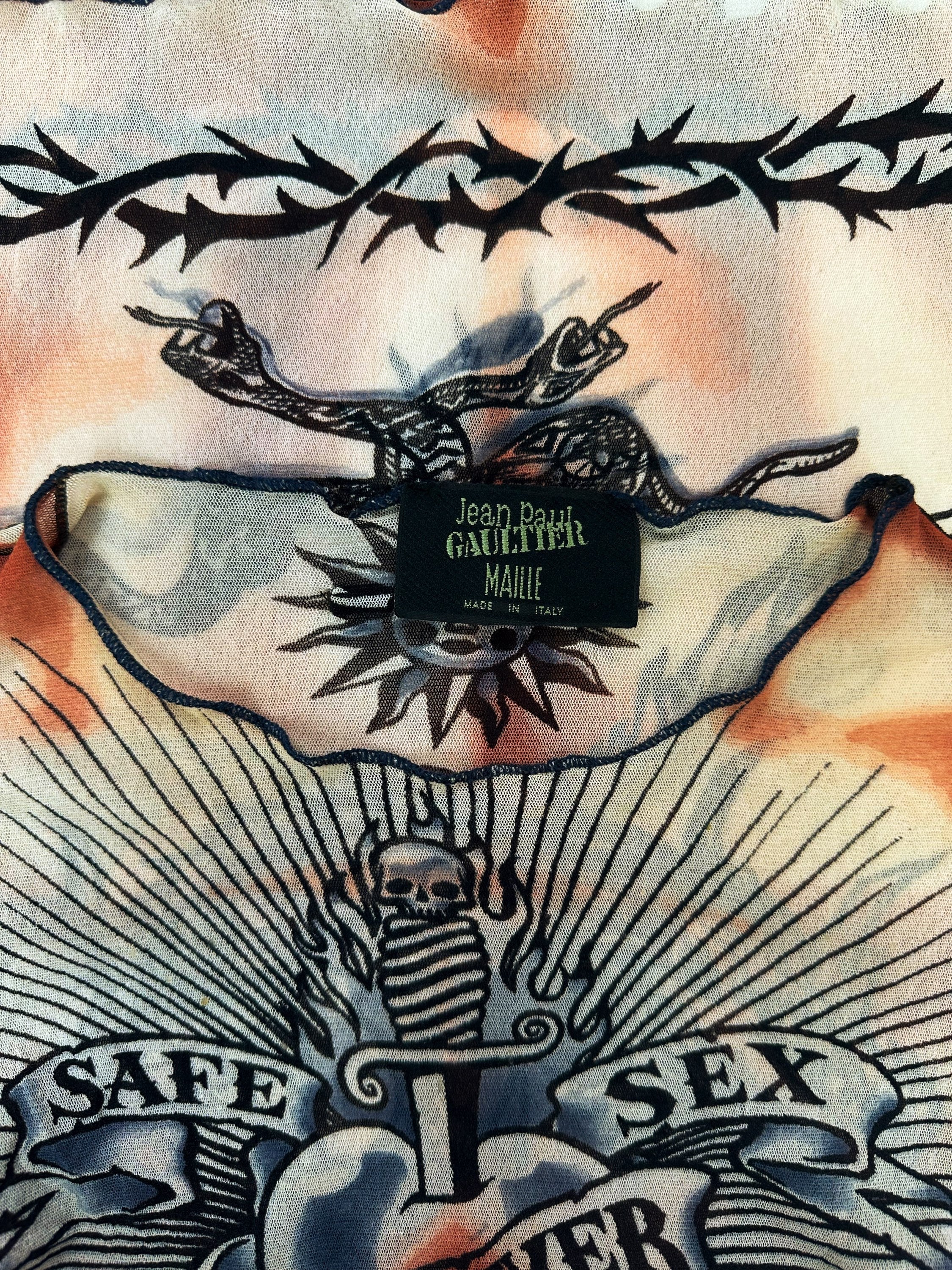 SS96 Jean Paul Gaultier ‘Safe Sex Forever’ Tattoo Mesh Long Sleeve
