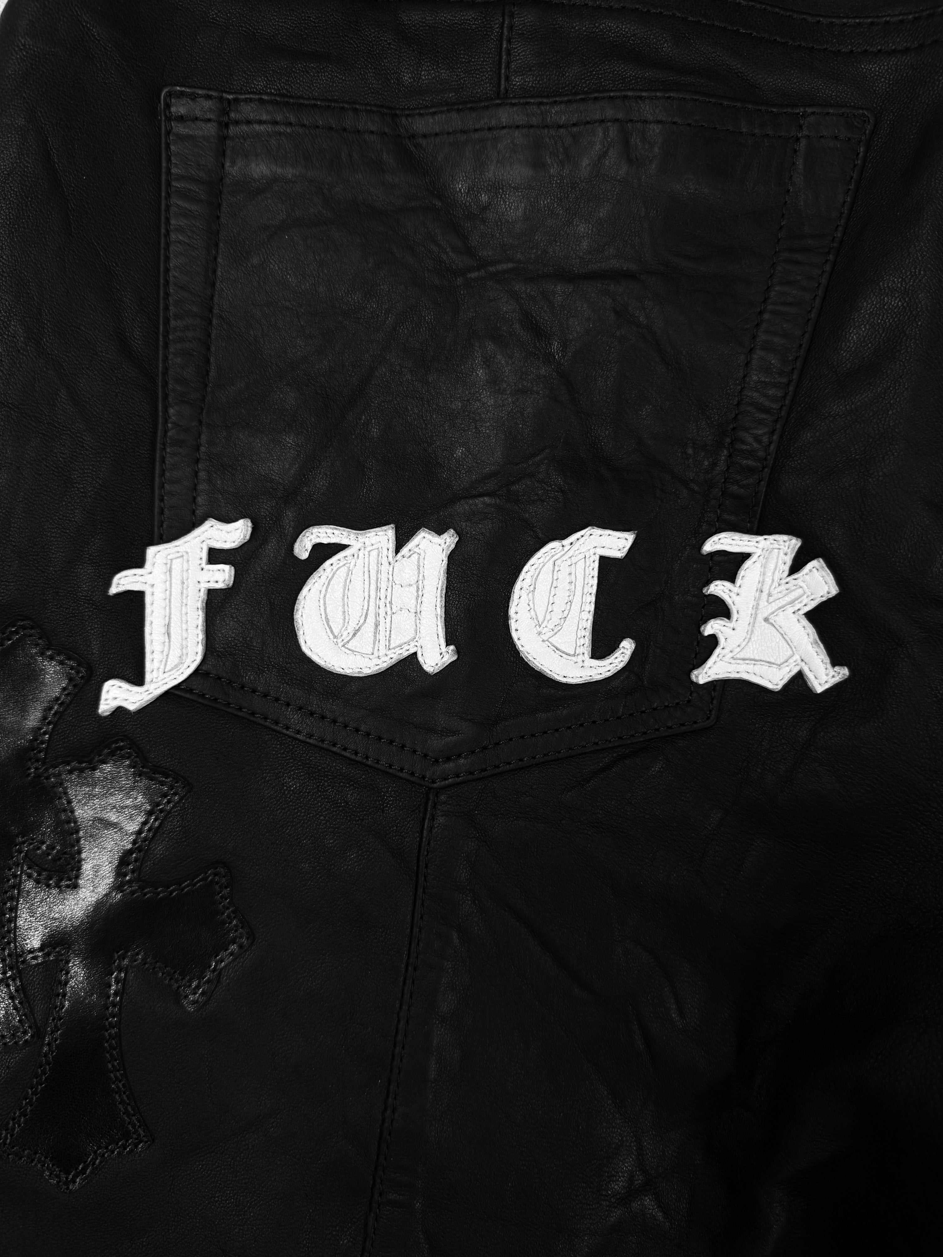 Chrome Hearts ‘Fuck You’ 20 Cross Patch Flooded JVP Lambskin Leather Pants