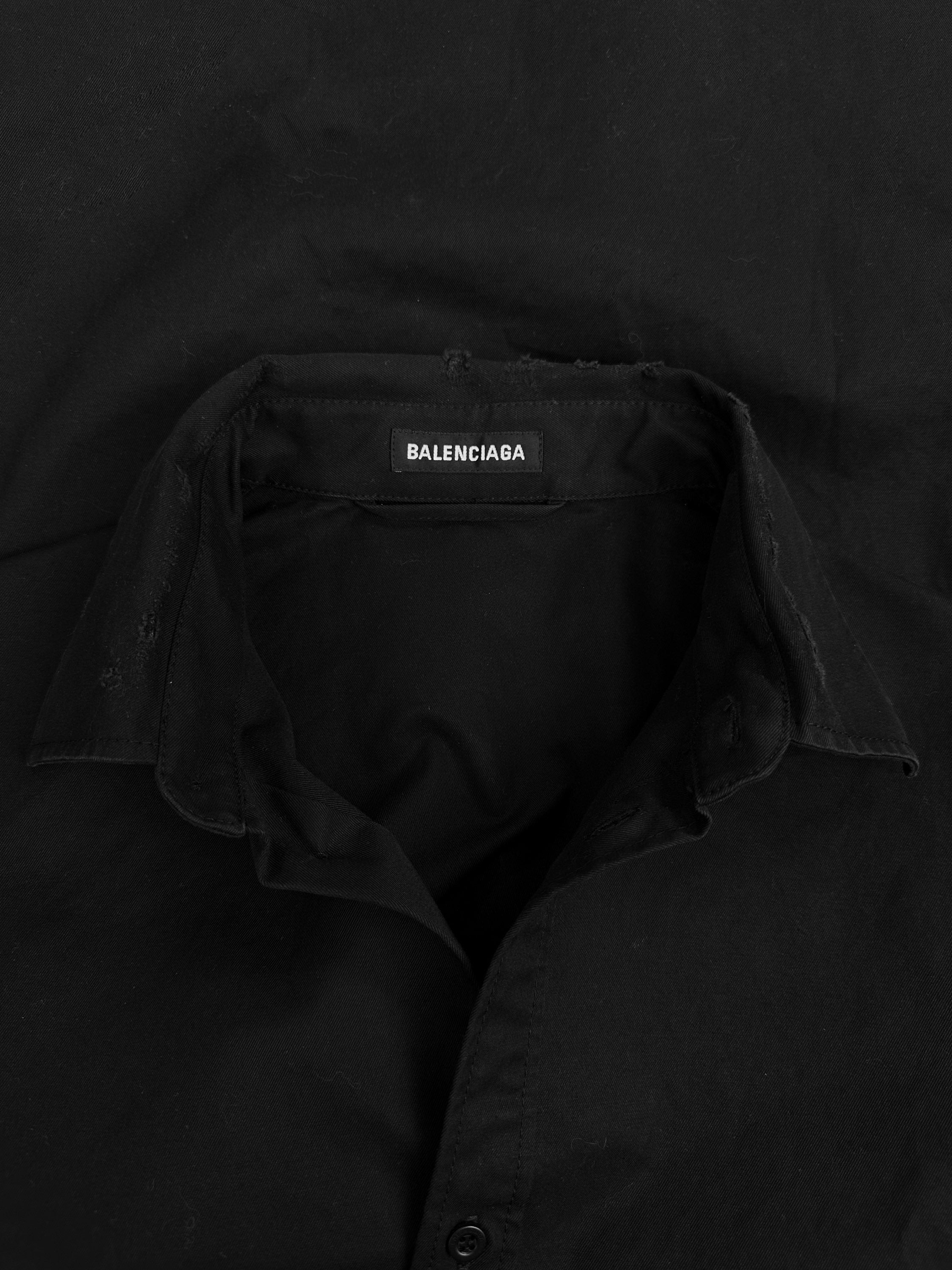 AW22 Balenciaga Distressed Collar Black Long Sleeve Button Up Shirt