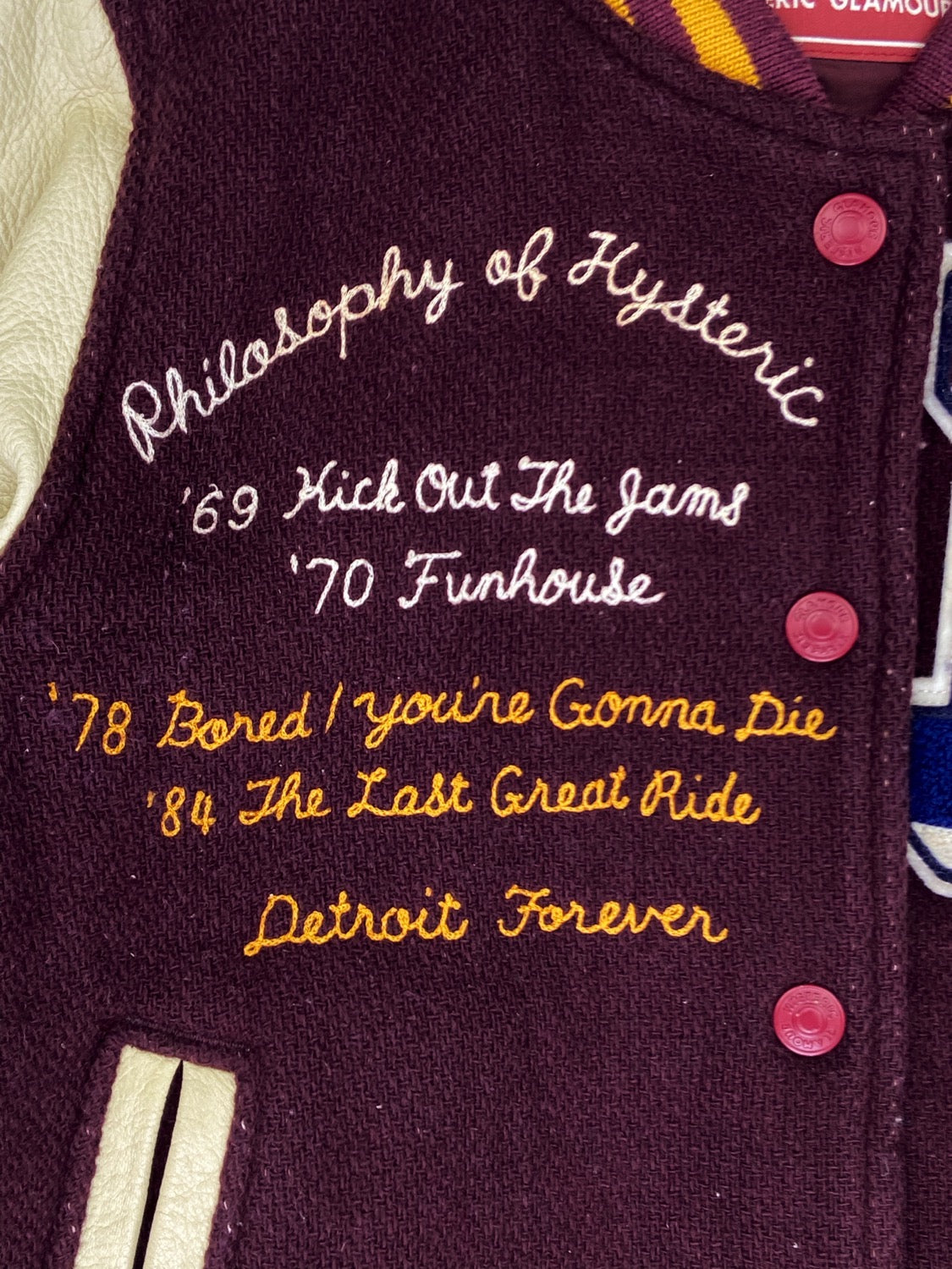 Hysteric Glamour “Detroit” Maroon Patched Leather Varsity Jacket