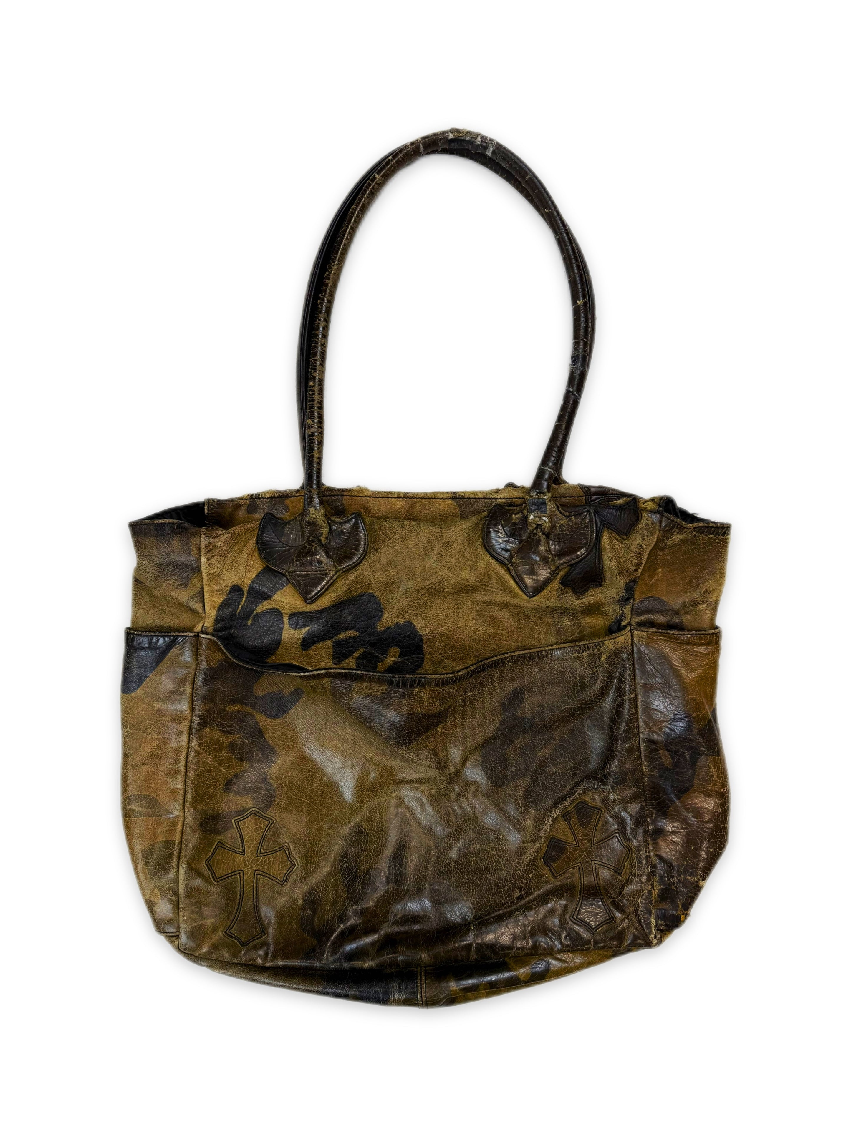 Chrome Hearts Green Camouflage Cross Patch Dagger Zip Leather Tote Bag