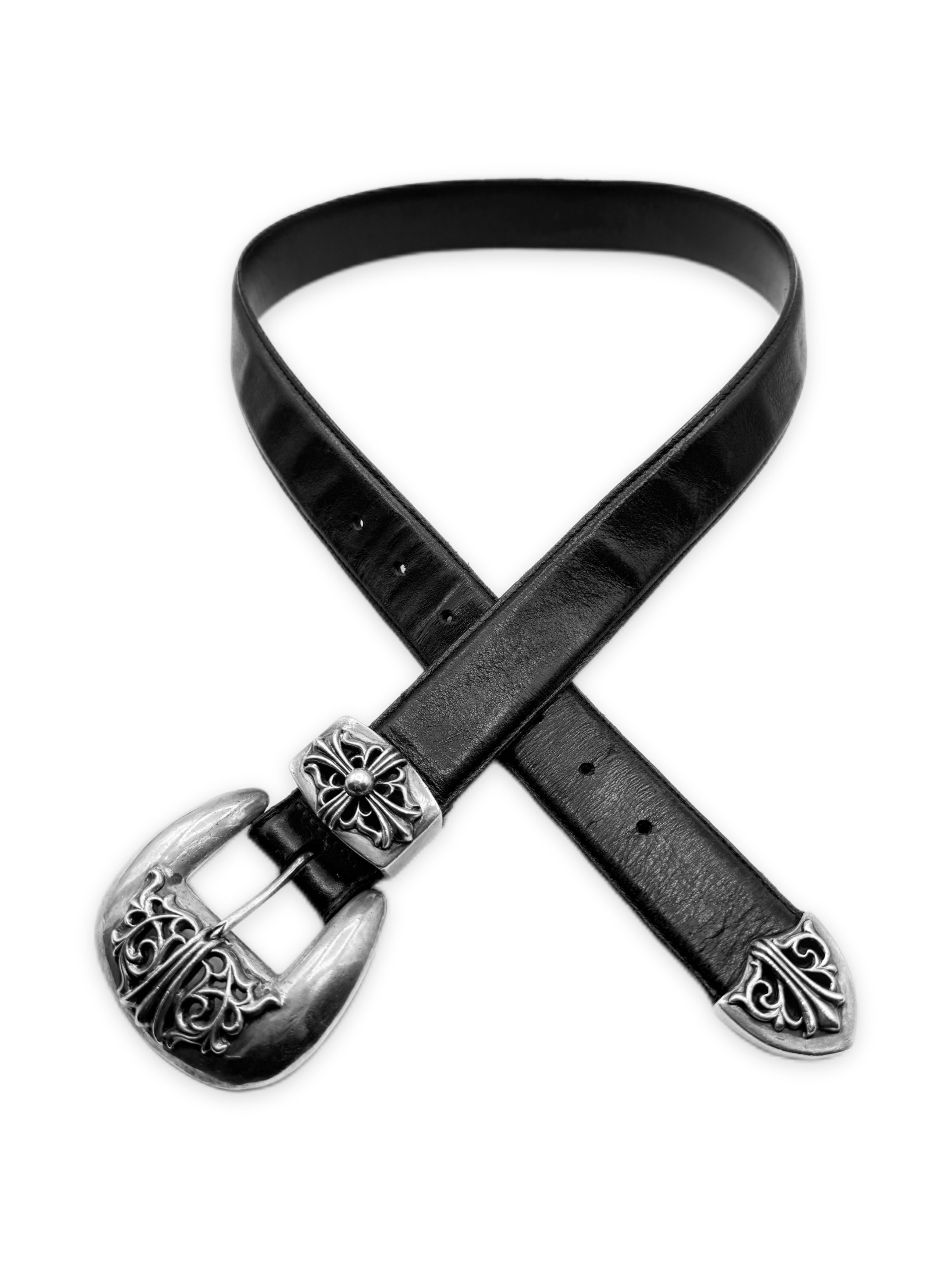 Chrome Hearts 3-Piece Black Leather Western .925 Silver Belt
