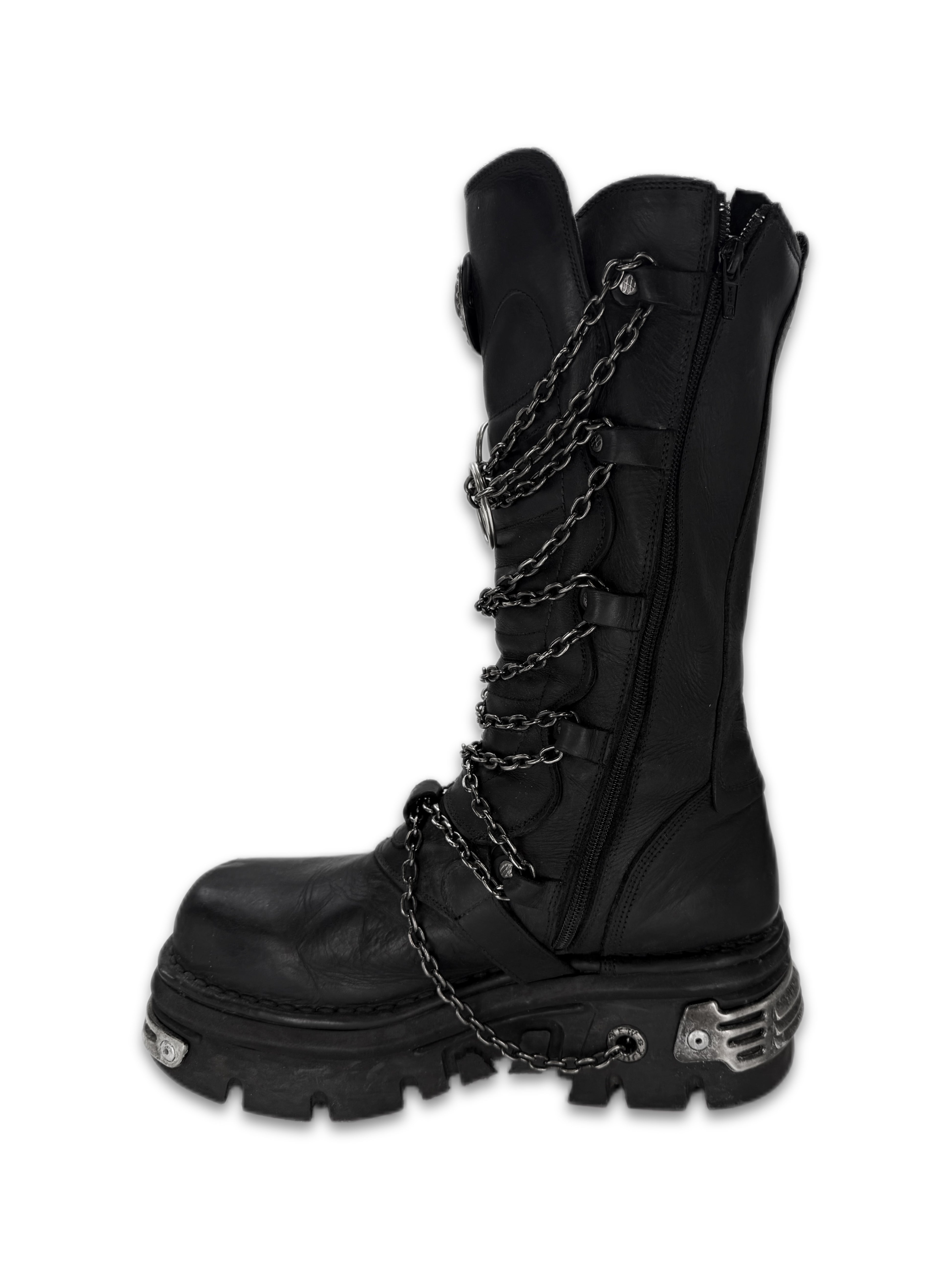 New Rock ‘M-1013-C10’ Chained Black Leather Platform Combat Boots