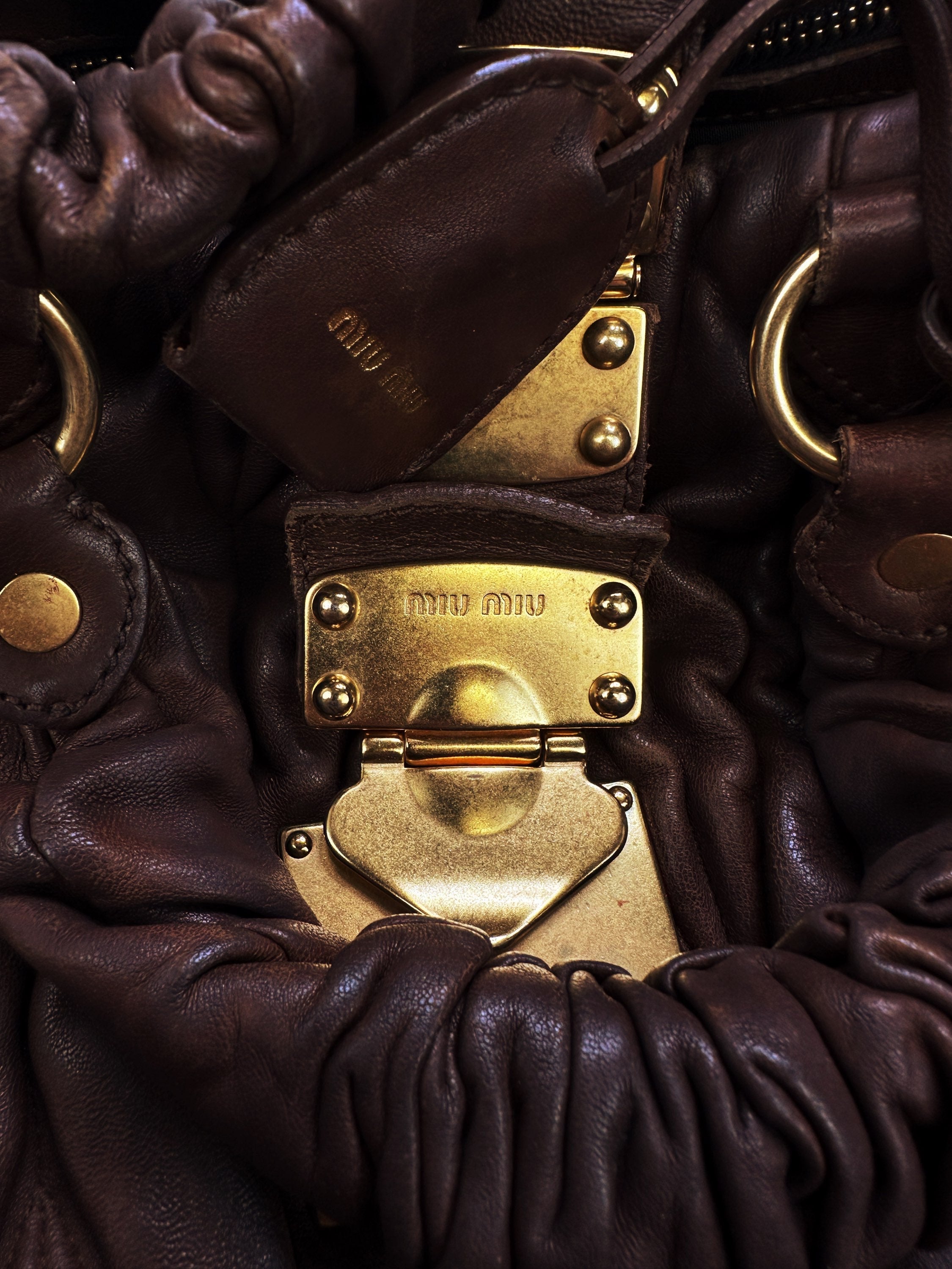 00s Miu Miu ‘Mattelasse’ Brown Leather Gold Handbag