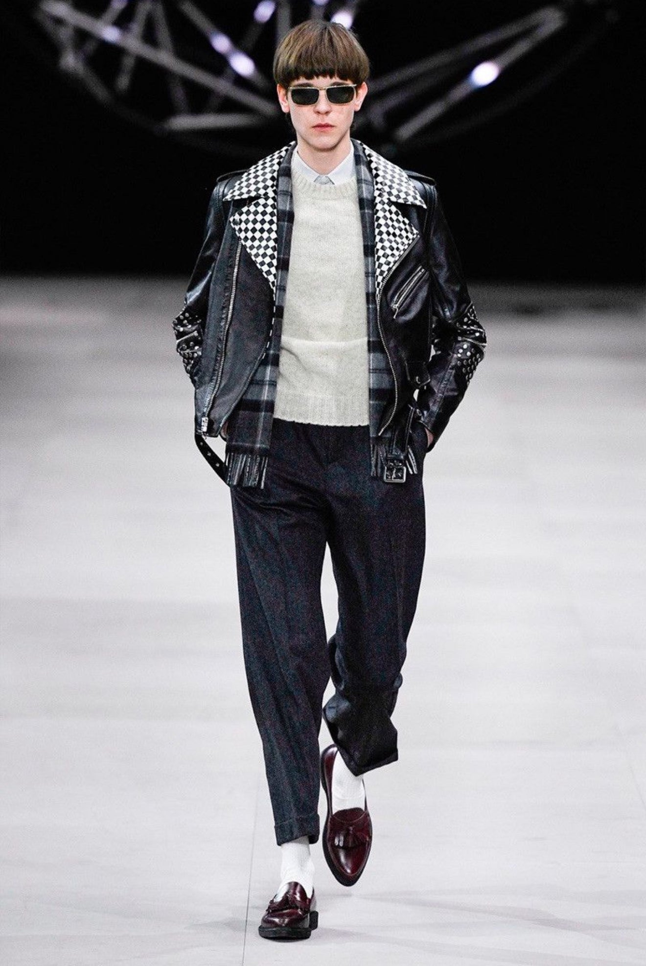 AW19 Celine by Hedi Slimane Checkered Studded Elbow Zip Leather Perfecto Jacket