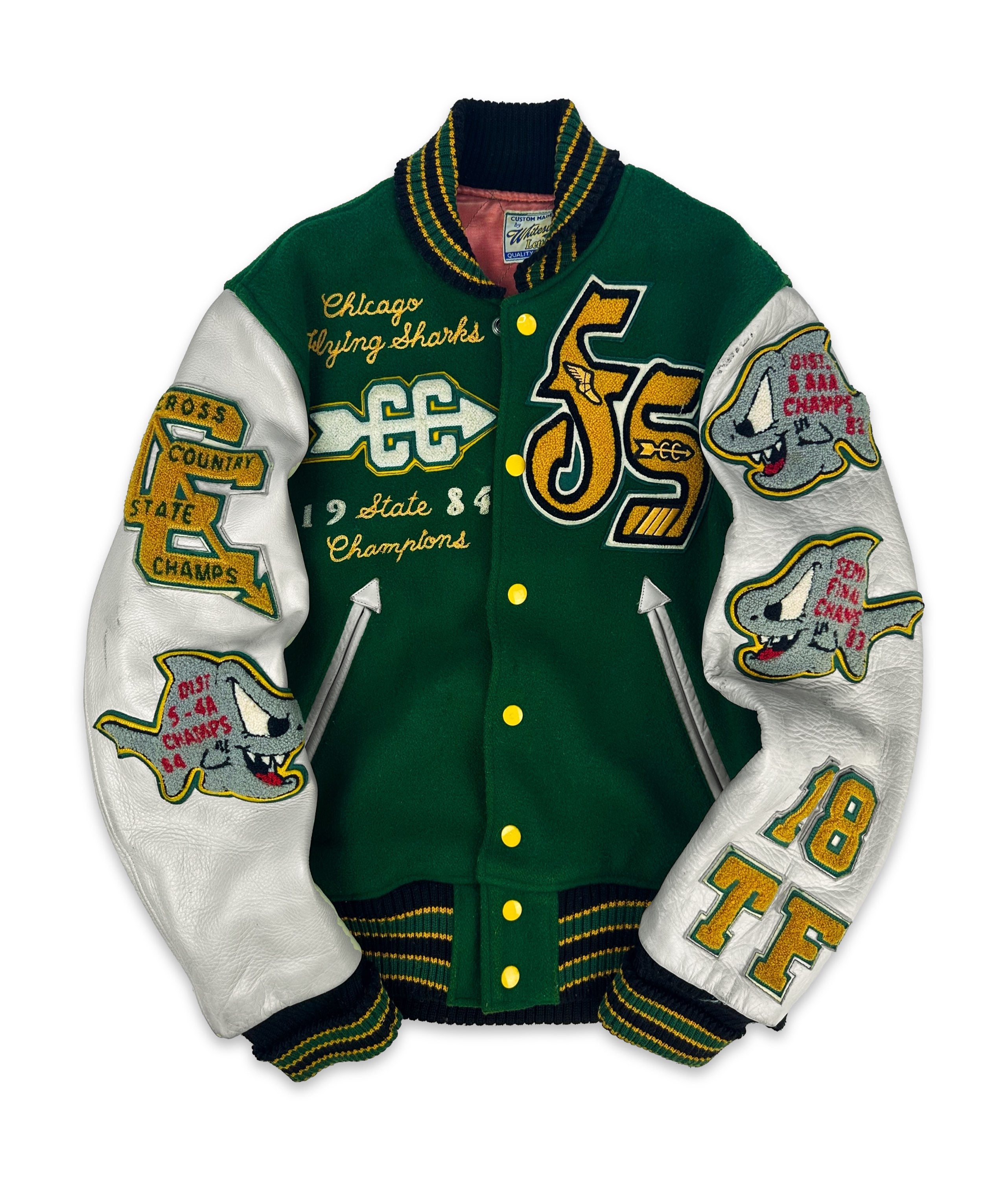 00s Whitesville ‘Flying Sharks’ Leather Chenille Patched Varsity Jacket