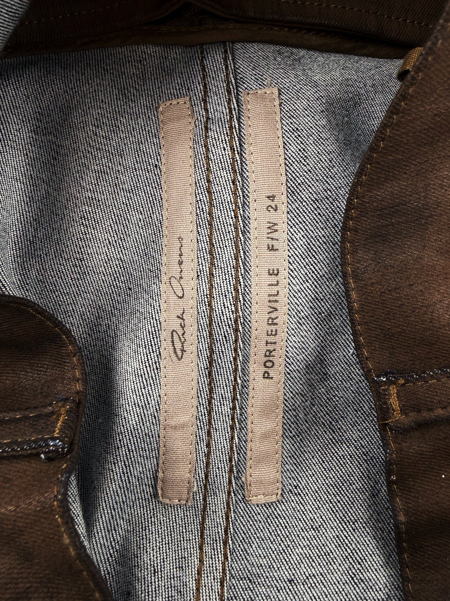 AW24 Rick Owens Porterville Bolan Banana Zip Flared Brown Waxed Jeans