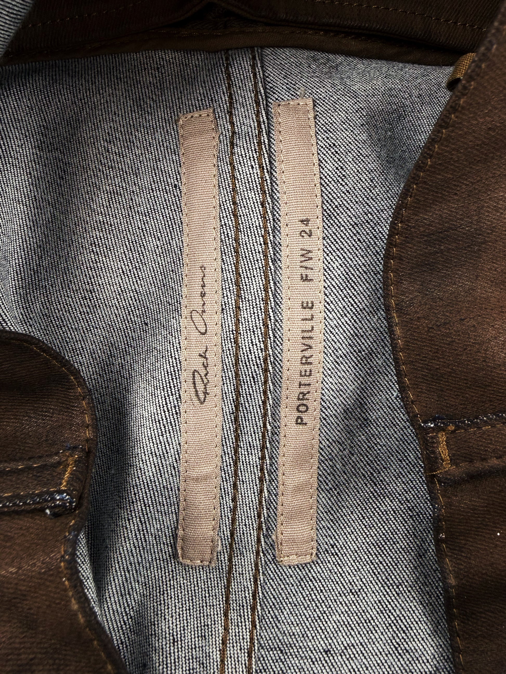 AW24 Rick Owens Porterville Bolan Banana Zip Flared Brown Waxed Jeans