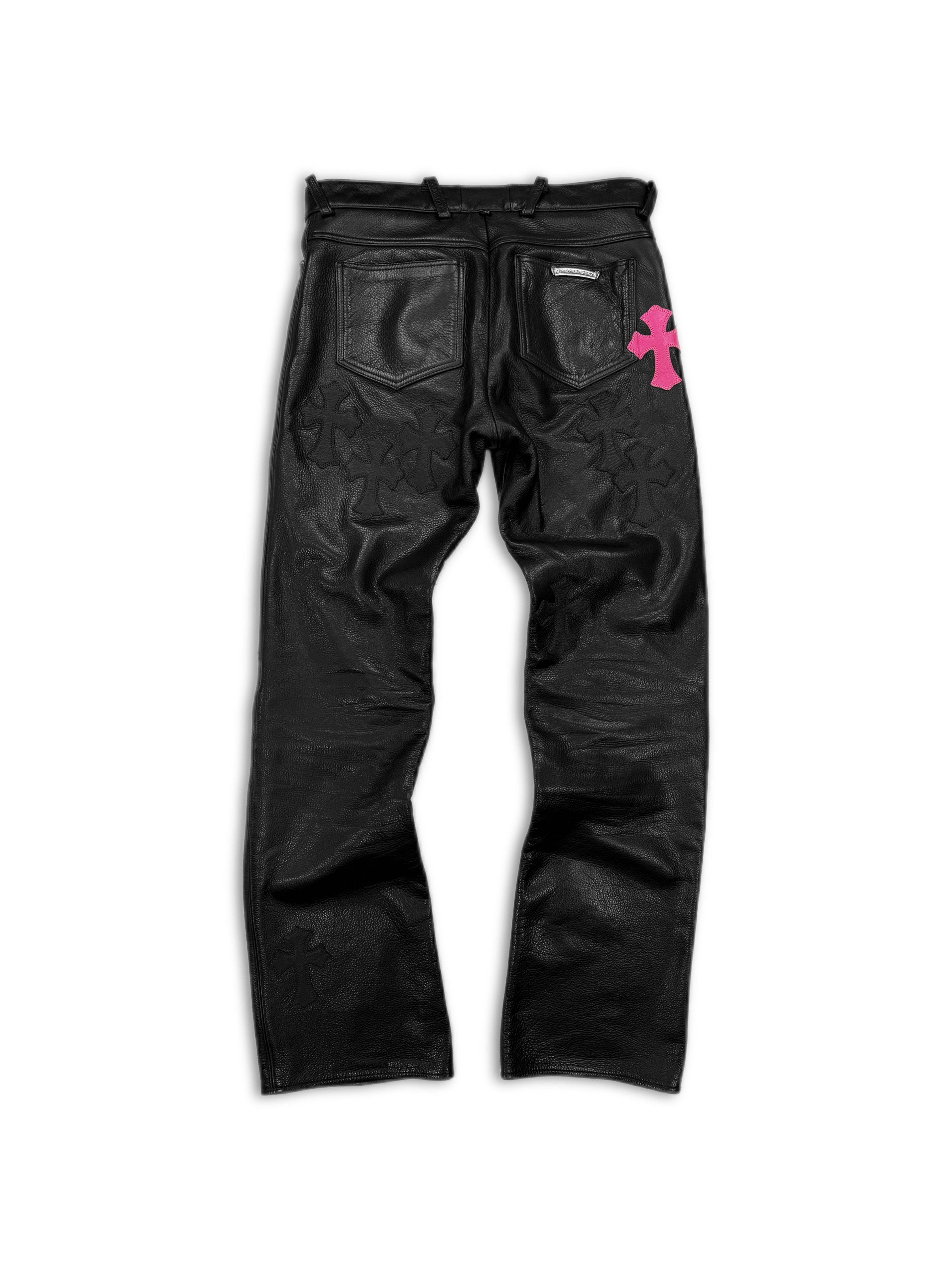 Chrome Hearts Pink 19 Cross Patch Black Leather Fleur Knee Pants