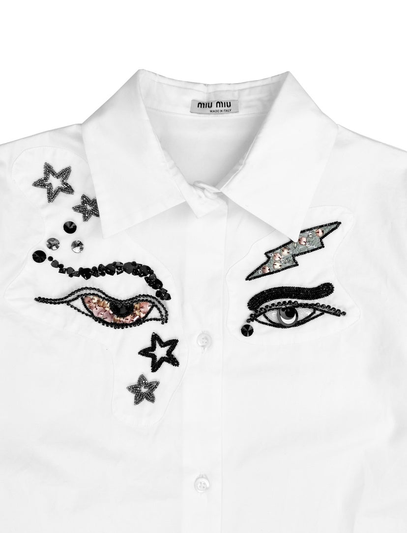 SS15 Miu Miu 3D Beaded Eyes Dagger Collar Patched Button Up