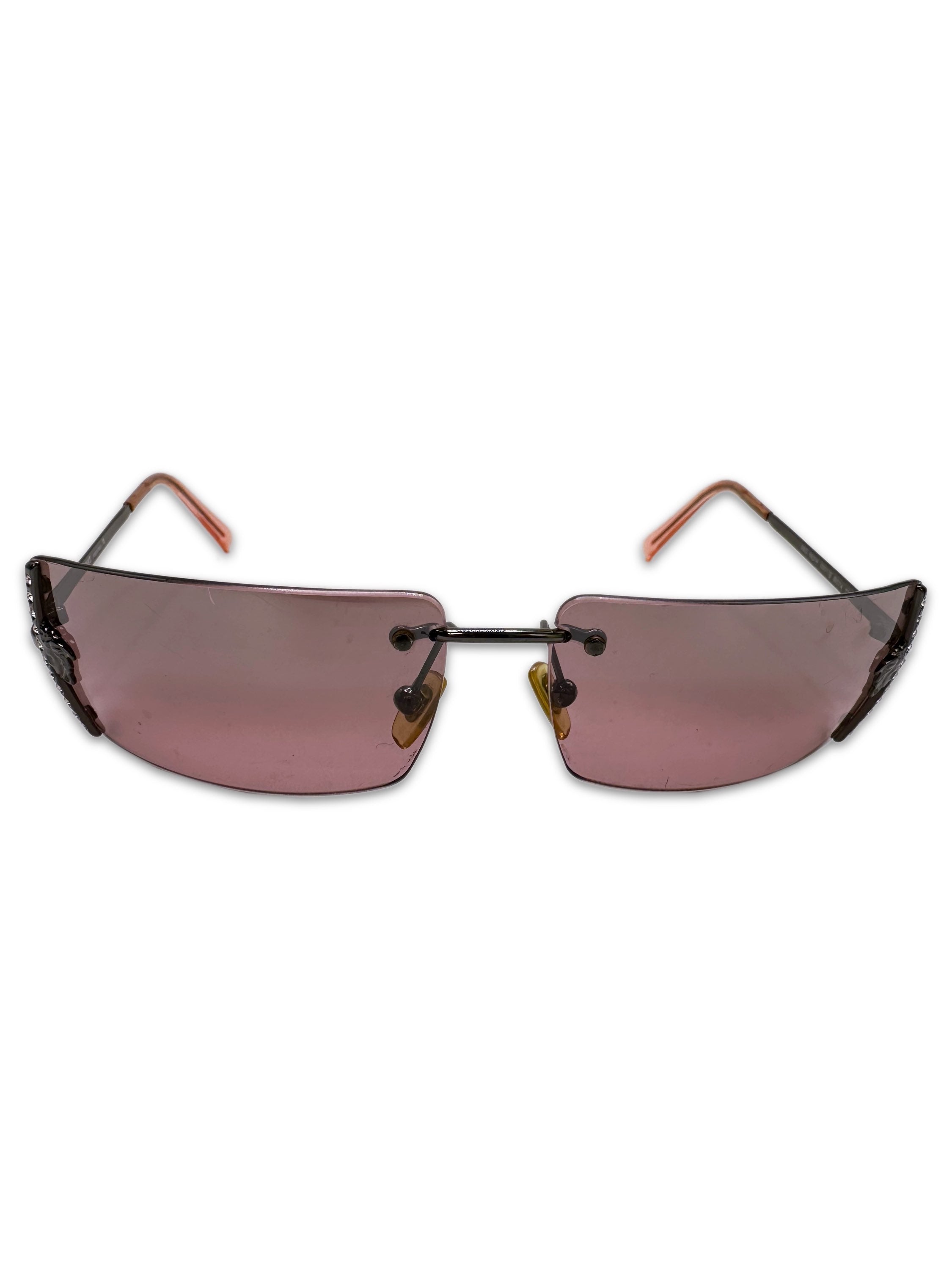 00s Versace Pink Tint ‘Medusa’ Logo Rimless Sunglasses